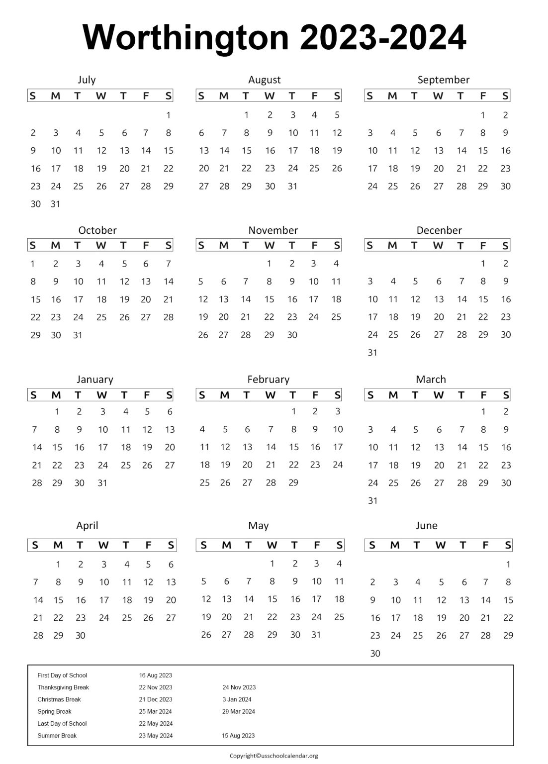 Worthington Schools Calendar with Holidays 2023 2024