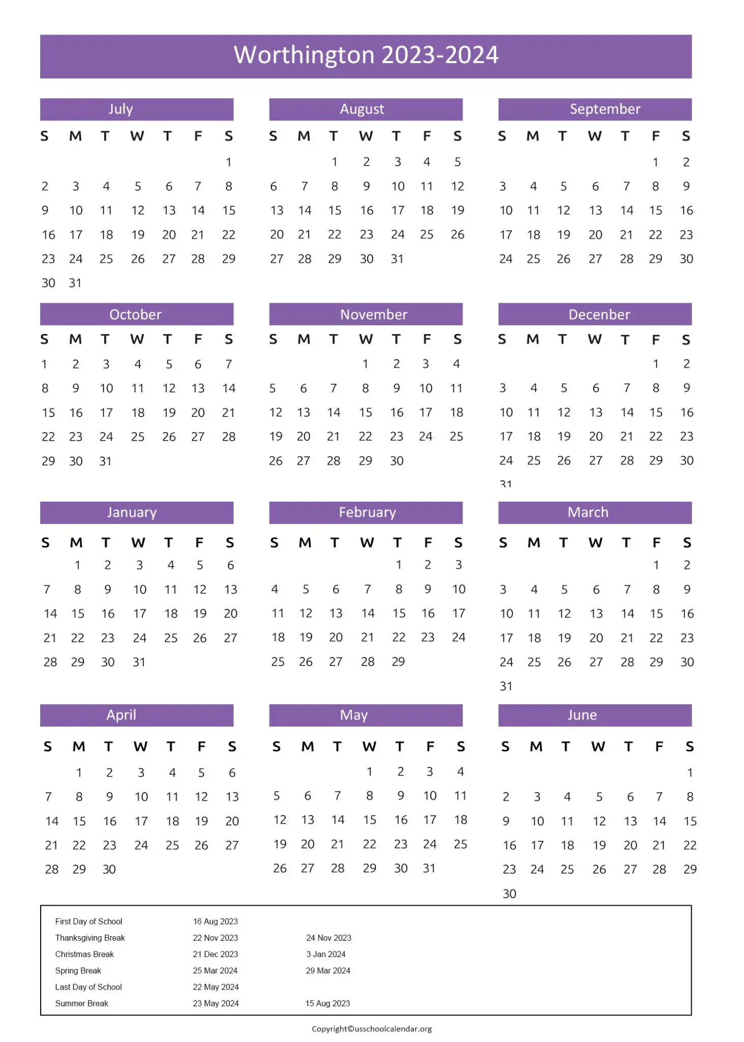 Worthington Schools Calendar with Holidays 20232024