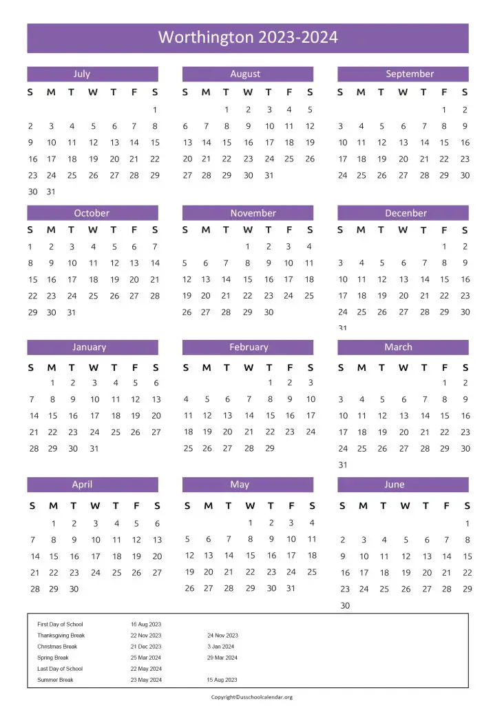 Worthington Schools Calendar