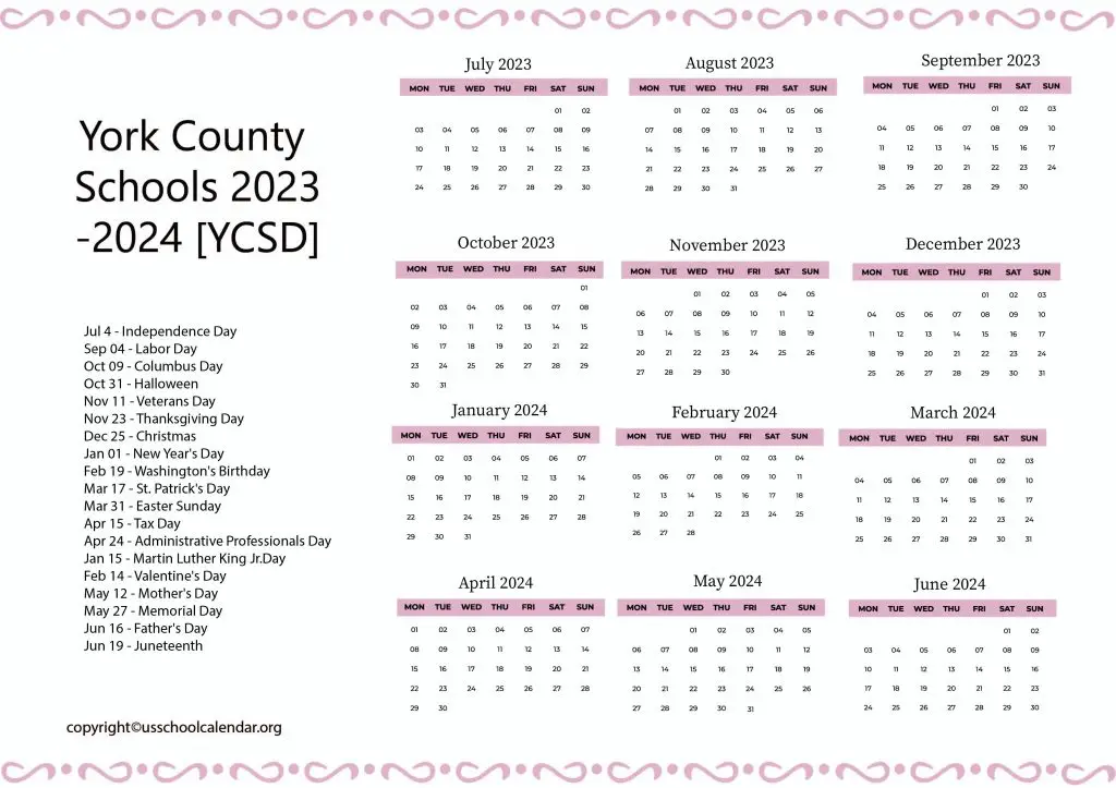 York County School Division Calendar