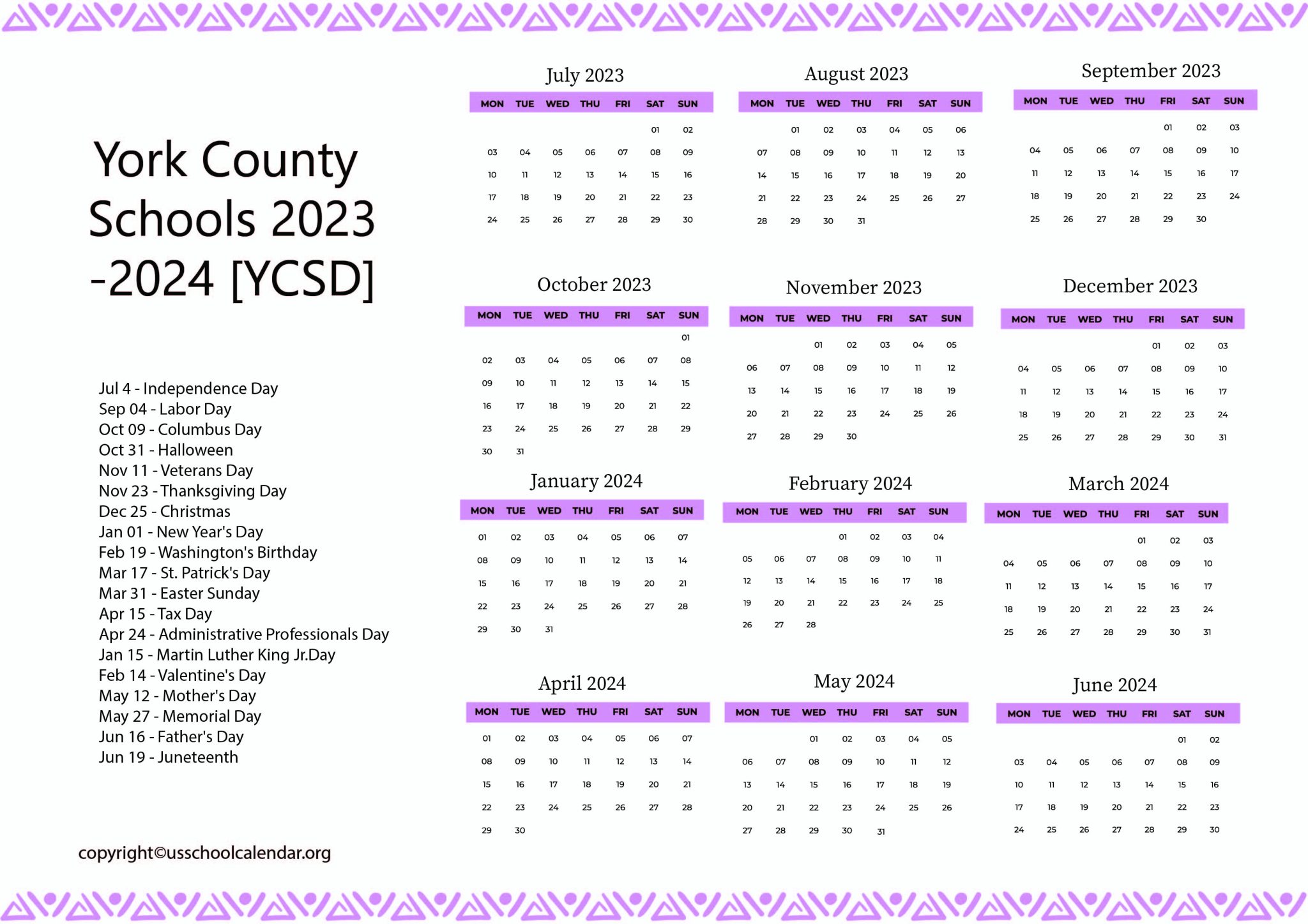 York County Schools Calendar with Holidays 20232024 [YCSD]