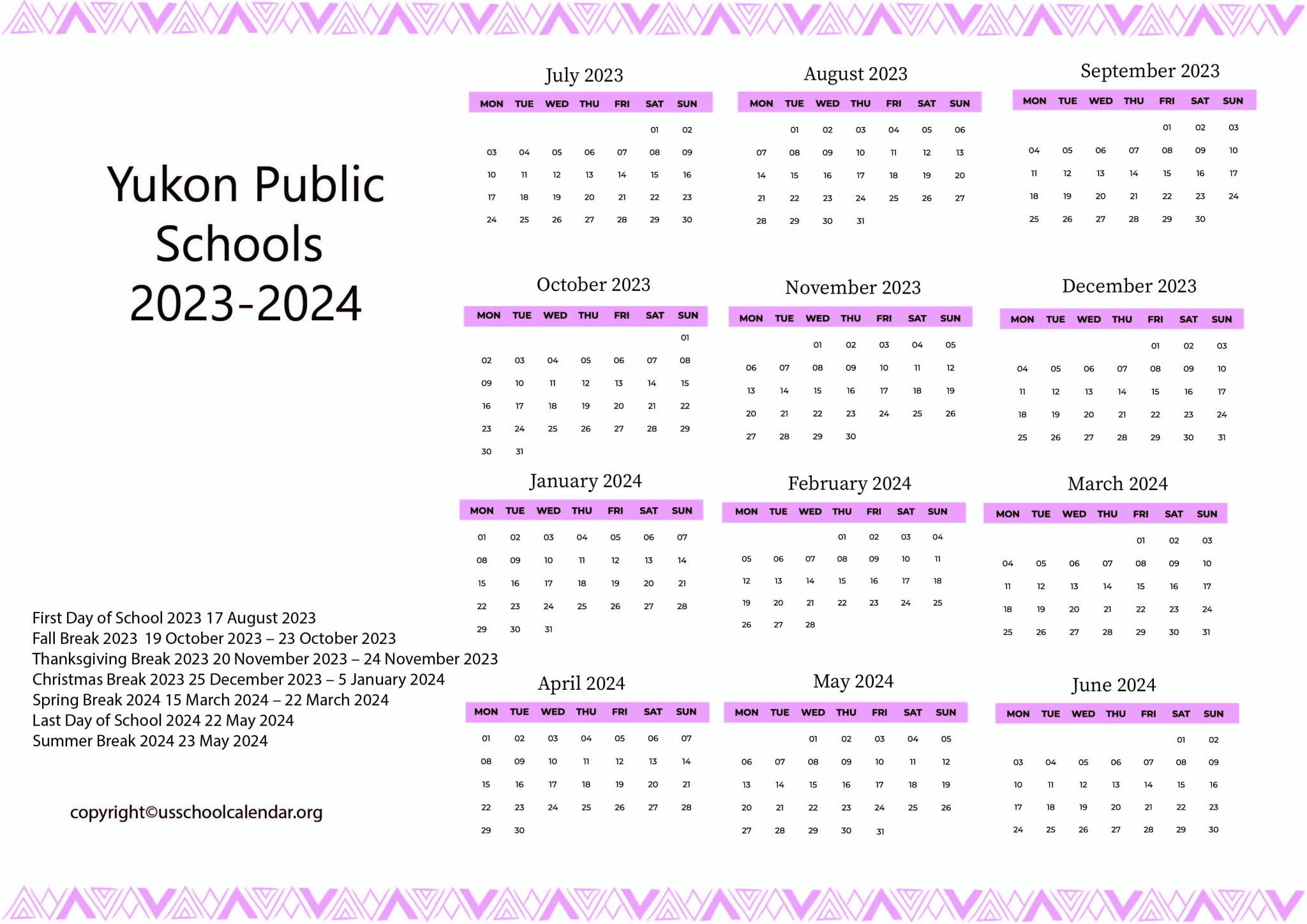 Yukon Public Schools Calendar with Holidays 20232024