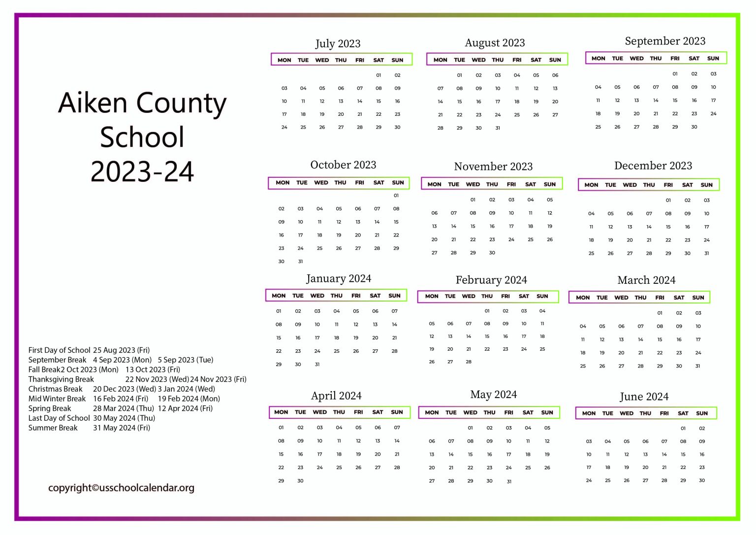 Aiken County School Calendar with Holidays 2023 2024
