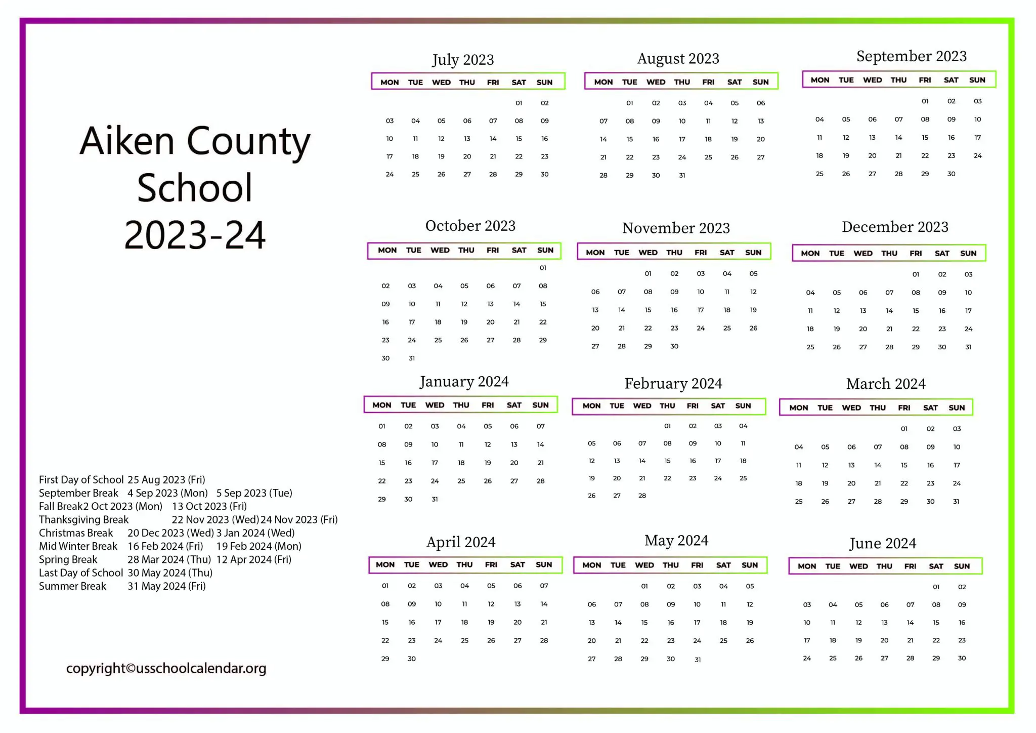 Aiken County School Calendar with Holidays 20232024
