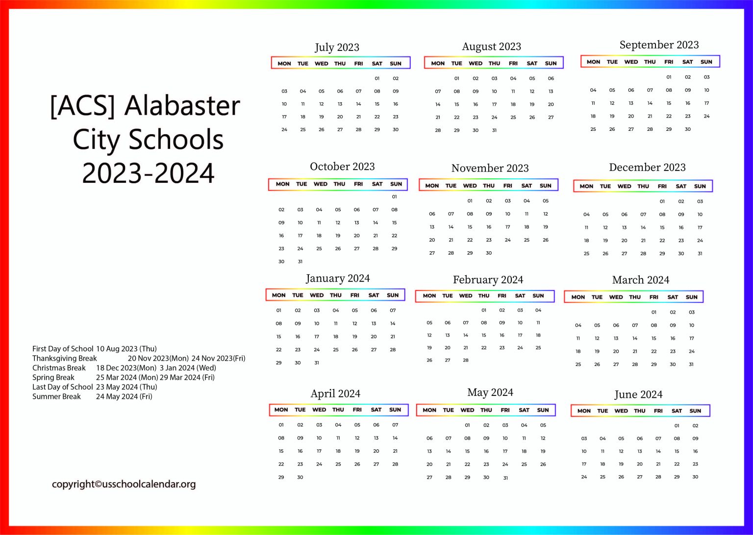 [ACS] Alabaster City Schools Calendar with Holidays 20232024