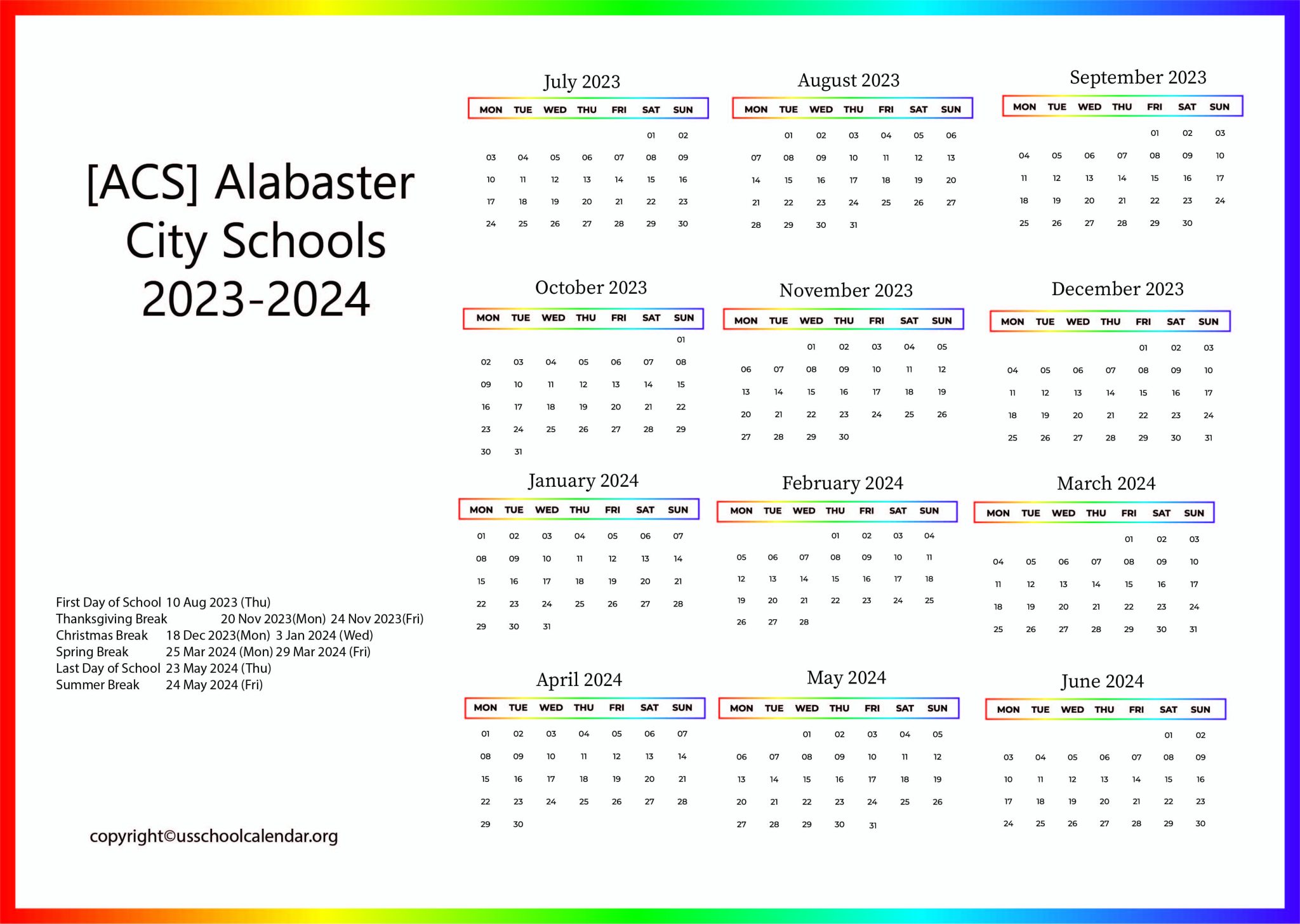[ACS] Alabaster City Schools Calendar with Holidays 20232024