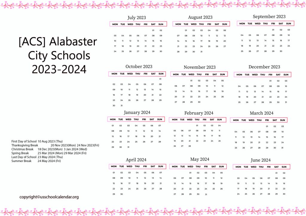 Alabaster City Schools Holiday Calendar