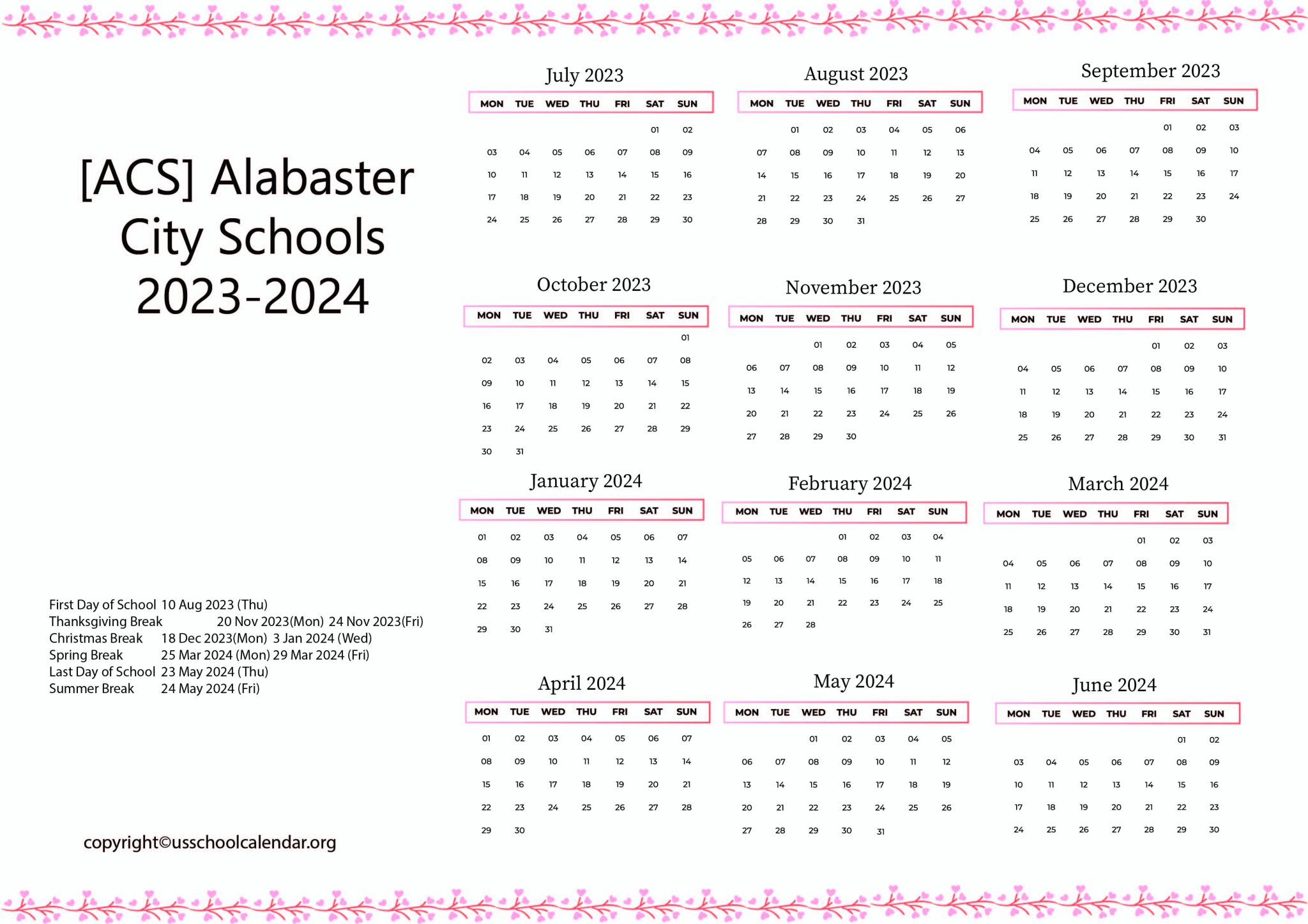 [ACS] Alabaster City Schools Calendar with Holidays 20232024