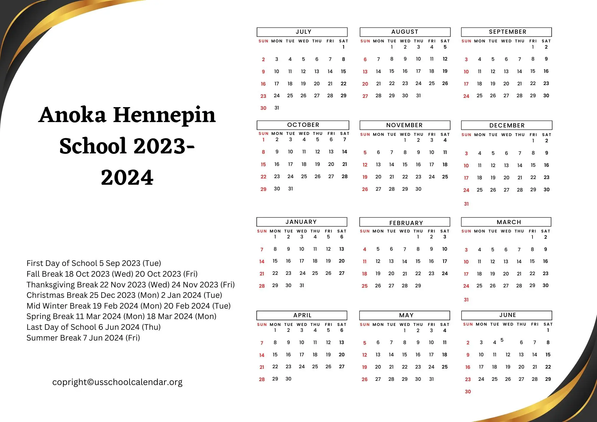 Anoka Hennepin School Calendar with Holidays 2023-2024