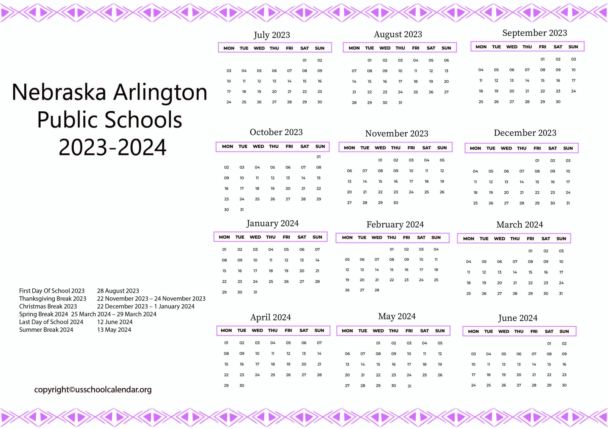 Nebraska Arlington Public Schools Calendar 20232024