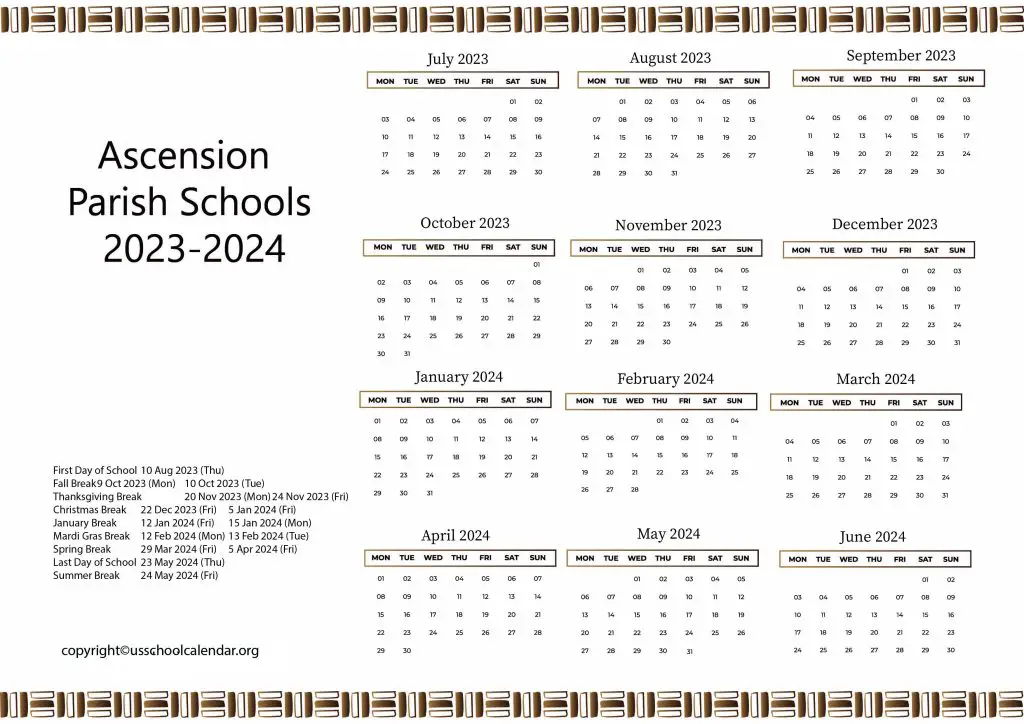 Ascension Parish School Calendar