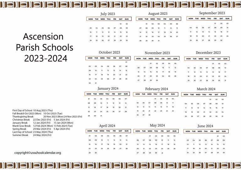 Ascension Parish Schools Calendar with Holidays 20232024