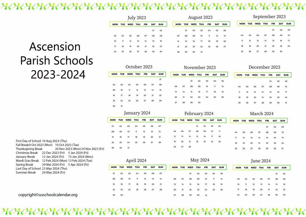 Ascension Parish Schools Calendar