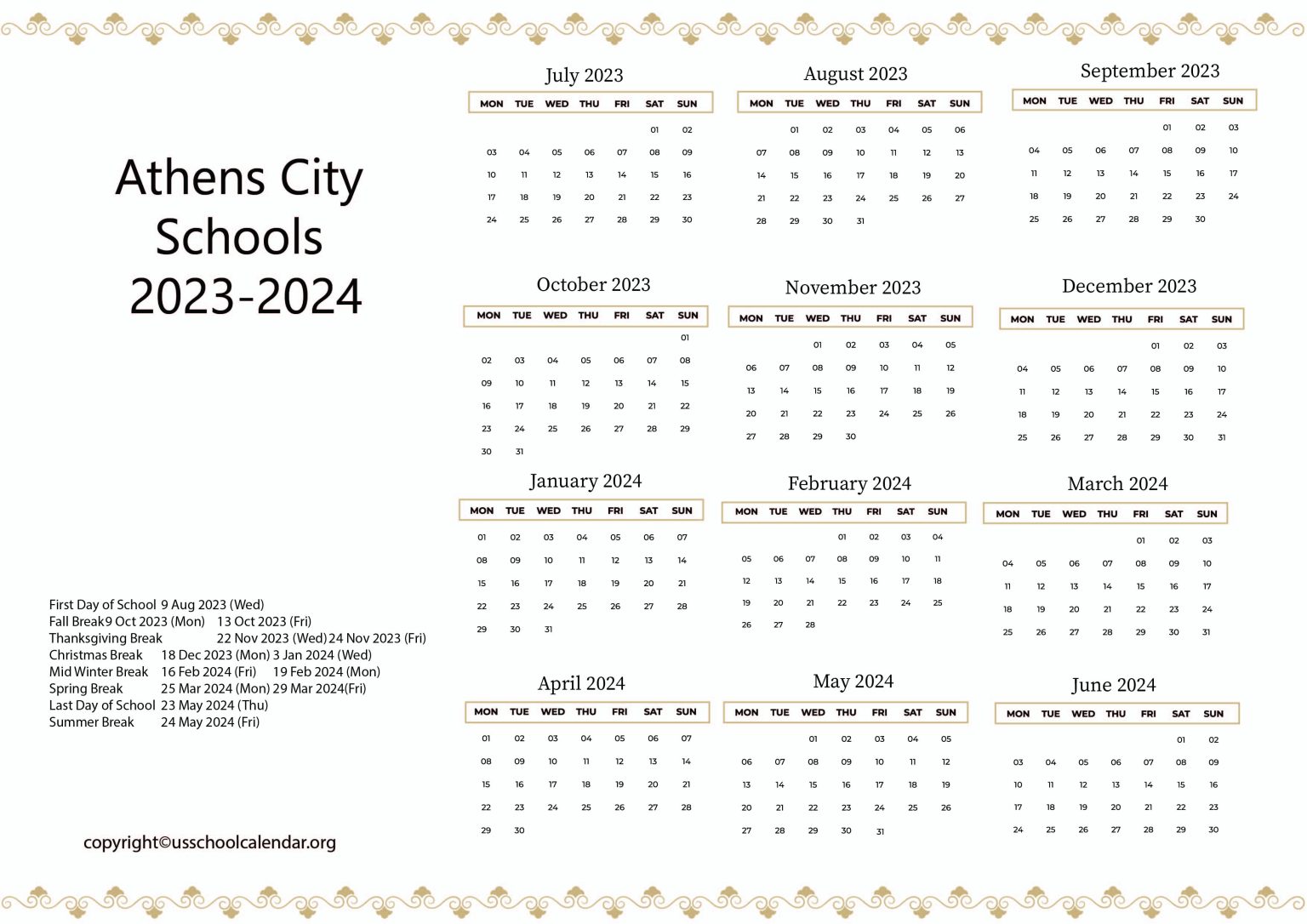 Athens City Schools Calendar with Holidays 20232024