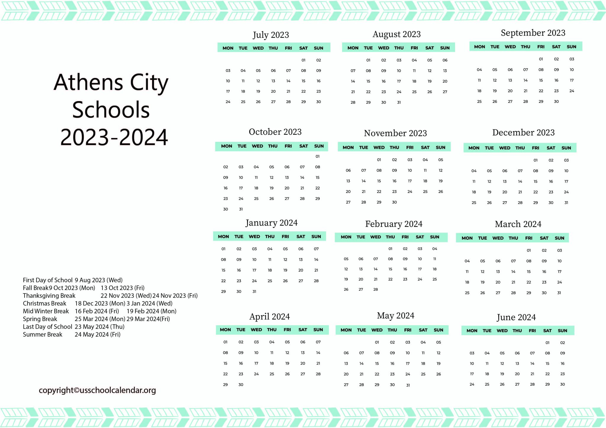 Athens City Schools Calendar with Holidays 20232024