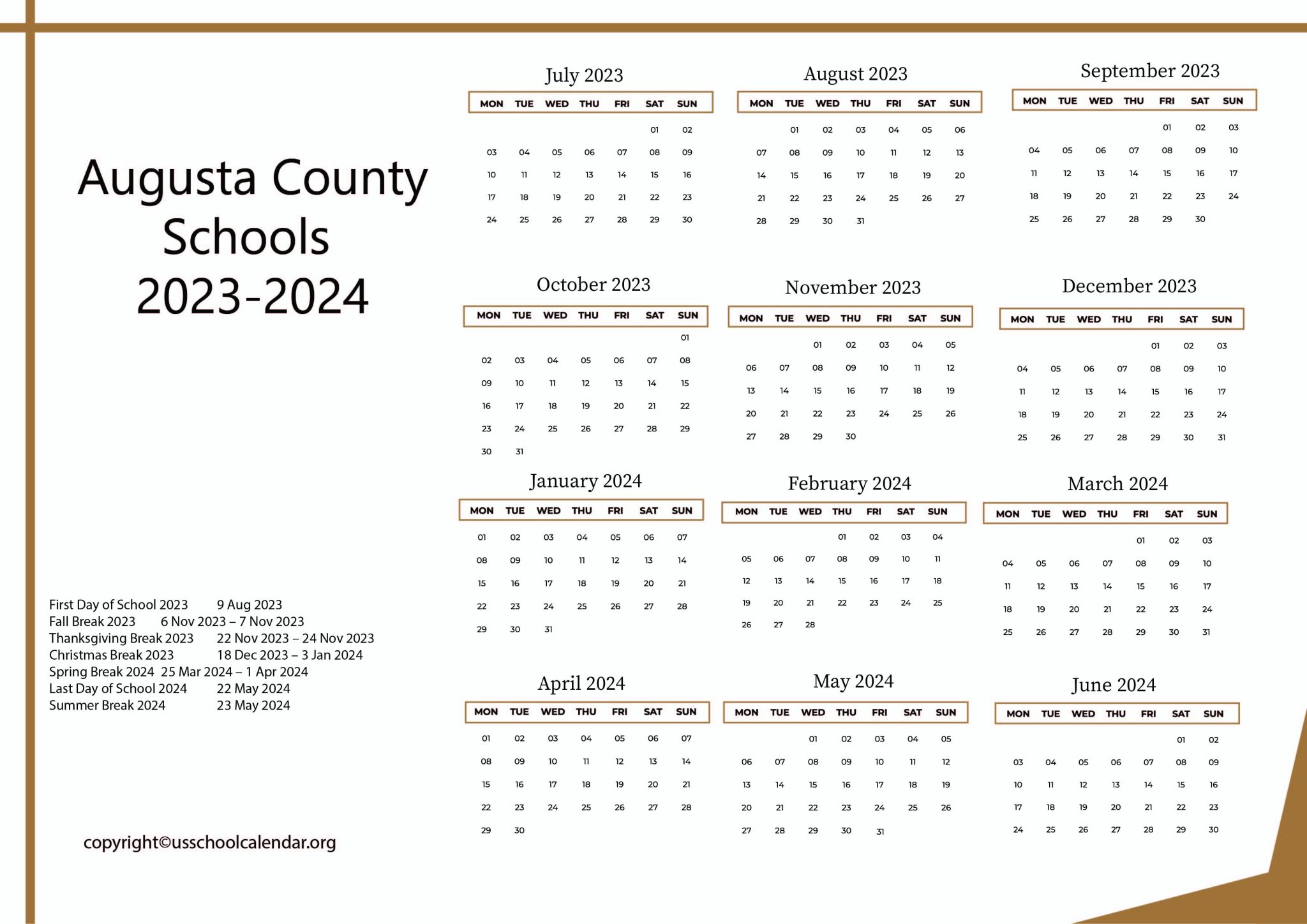 Augusta County Schools Calendar with Holidays 2023 2024