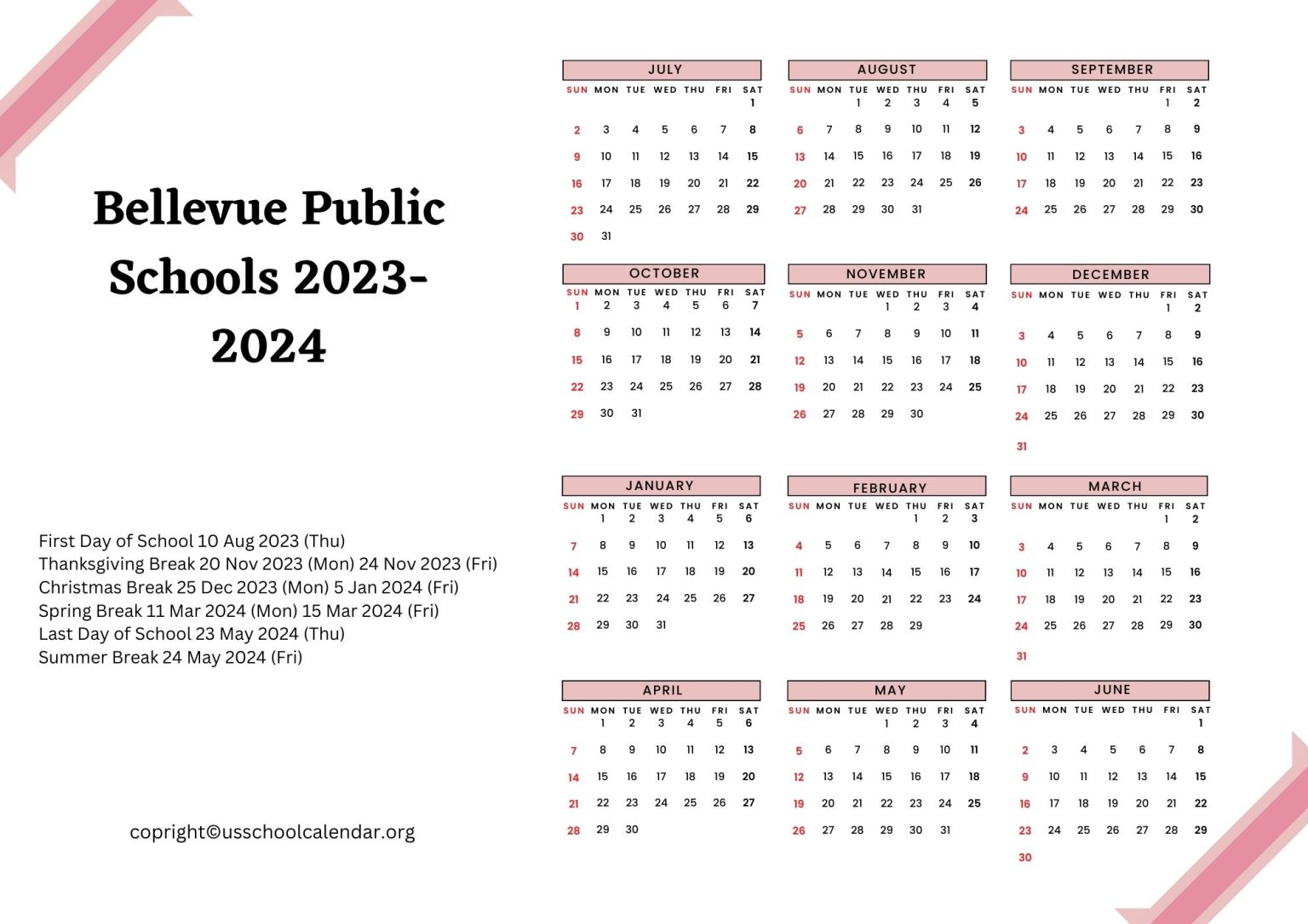 Bellevue Public Schools Calendar with Holidays 20232024