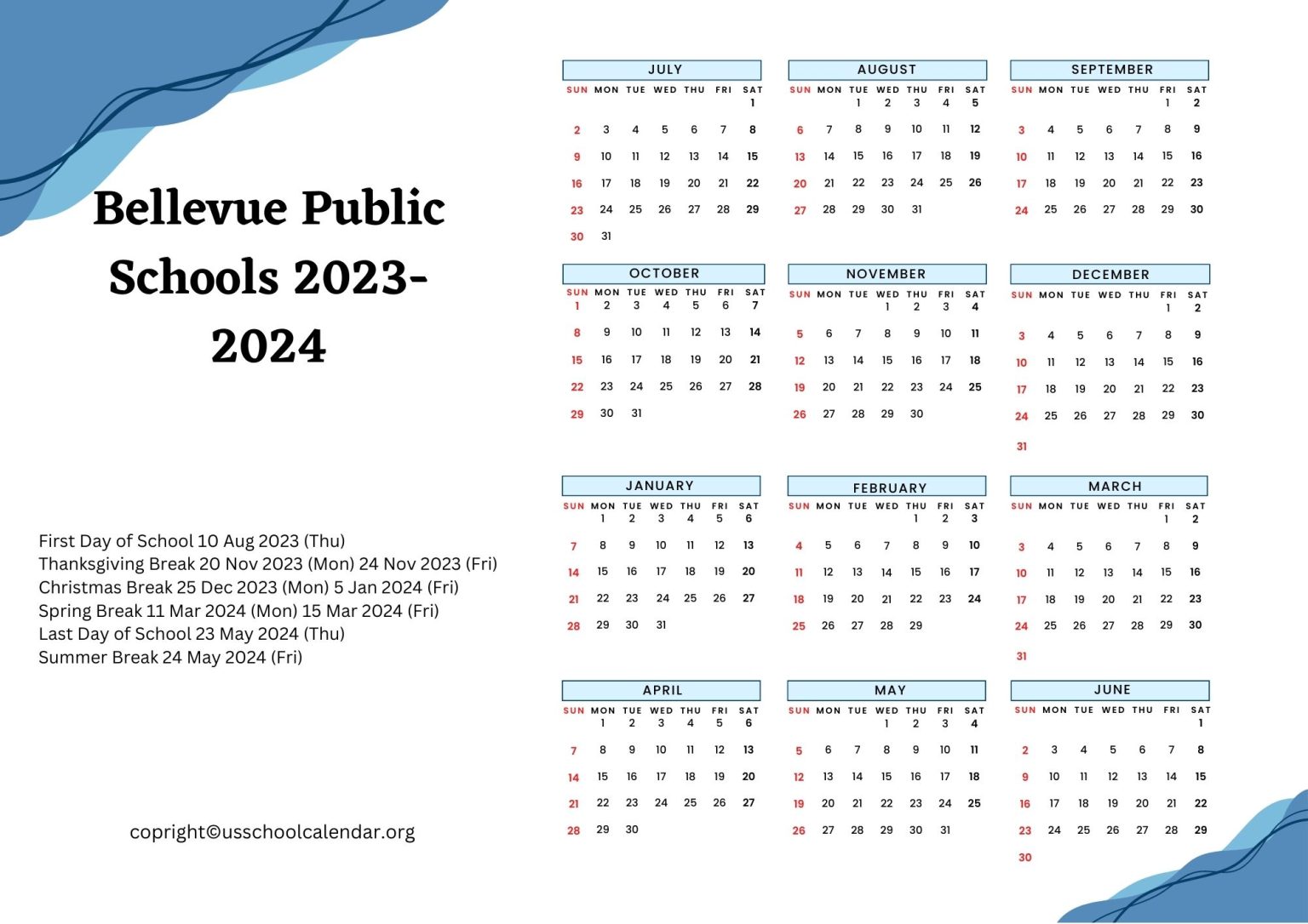 Bellevue Public Schools Calendar with Holidays 20232024