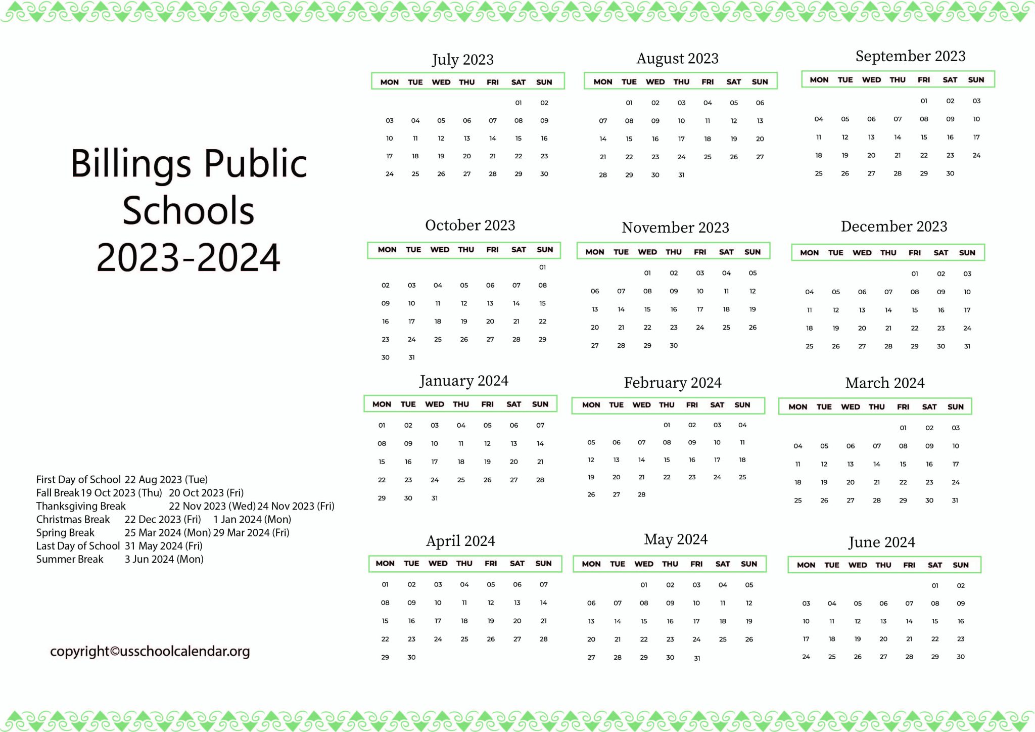 Billings Public Schools Calendar with Holidays 20232024