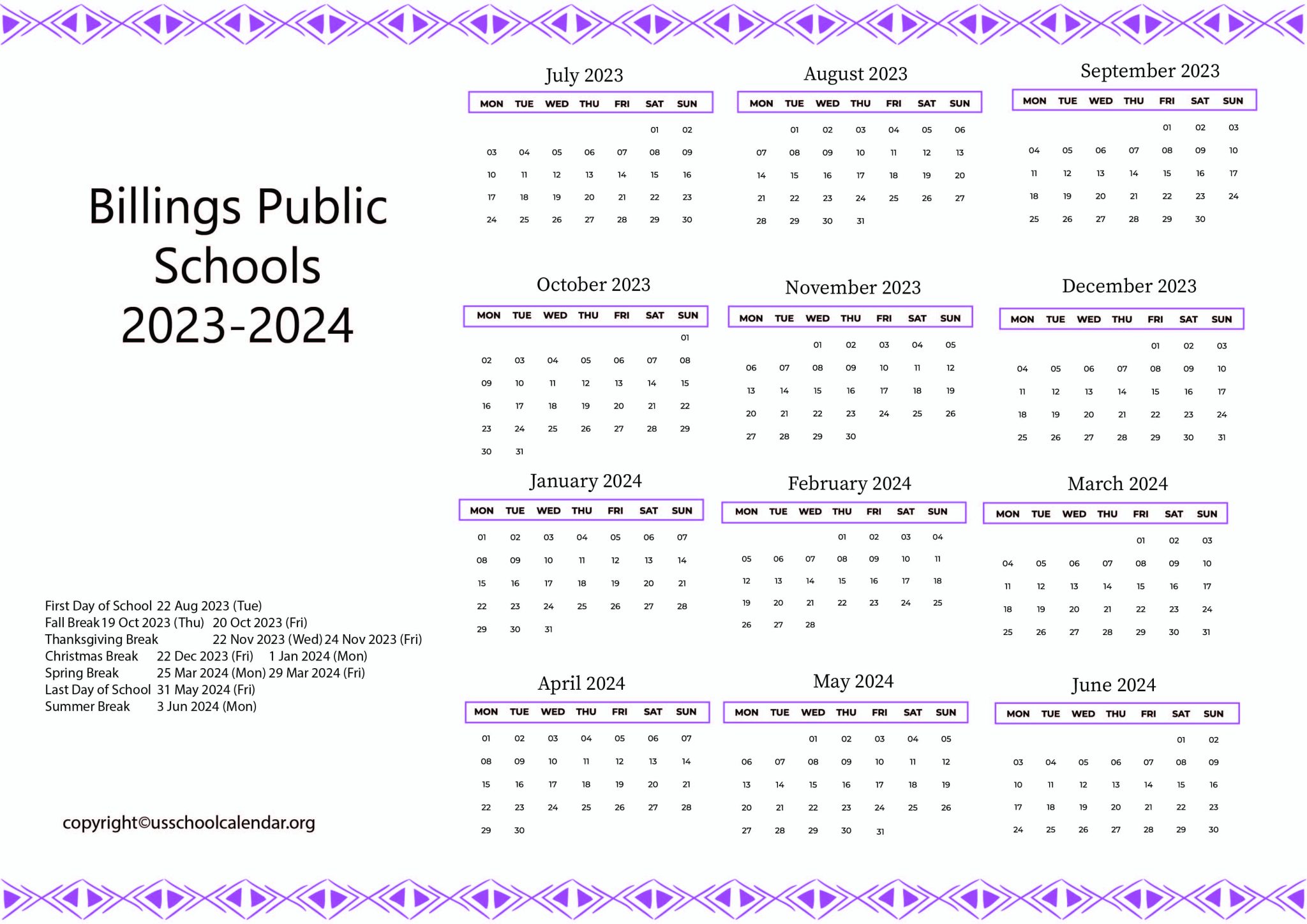 Billings Public Schools Calendar with Holidays 20232024