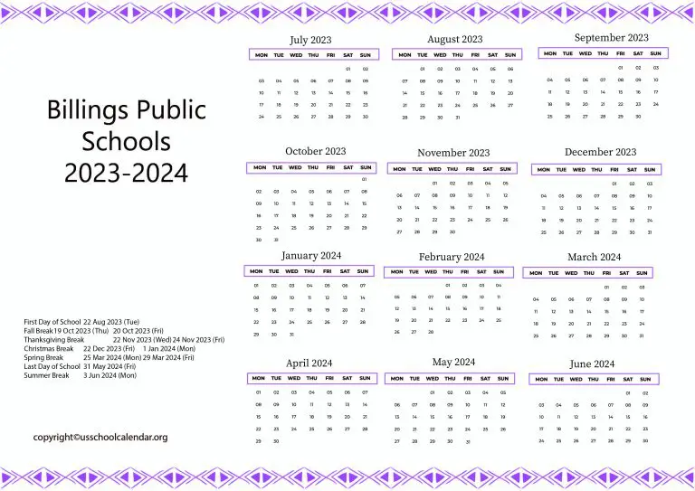 Billings Public Schools Calendar with Holidays 20232024