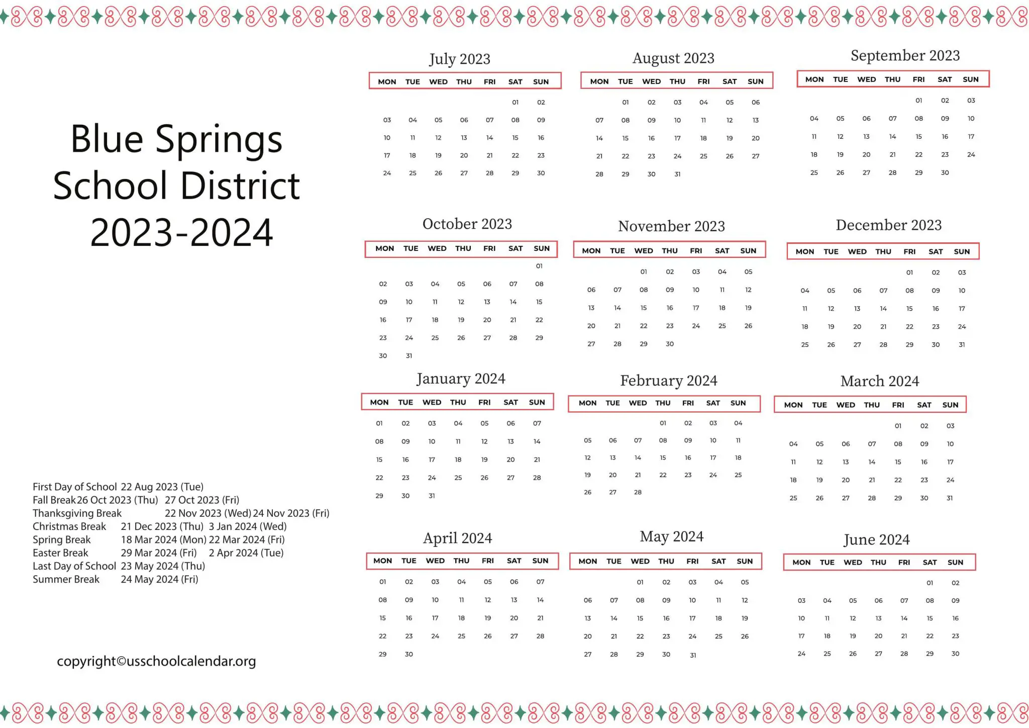 Blue Springs School District Calendar with Holidays 20232024