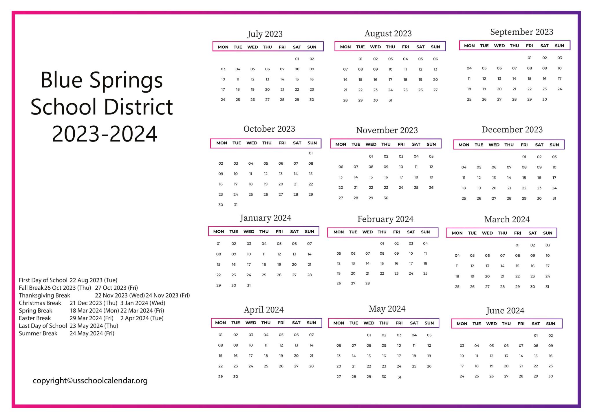 Blue Springs School District Calendar with Holidays 20232024