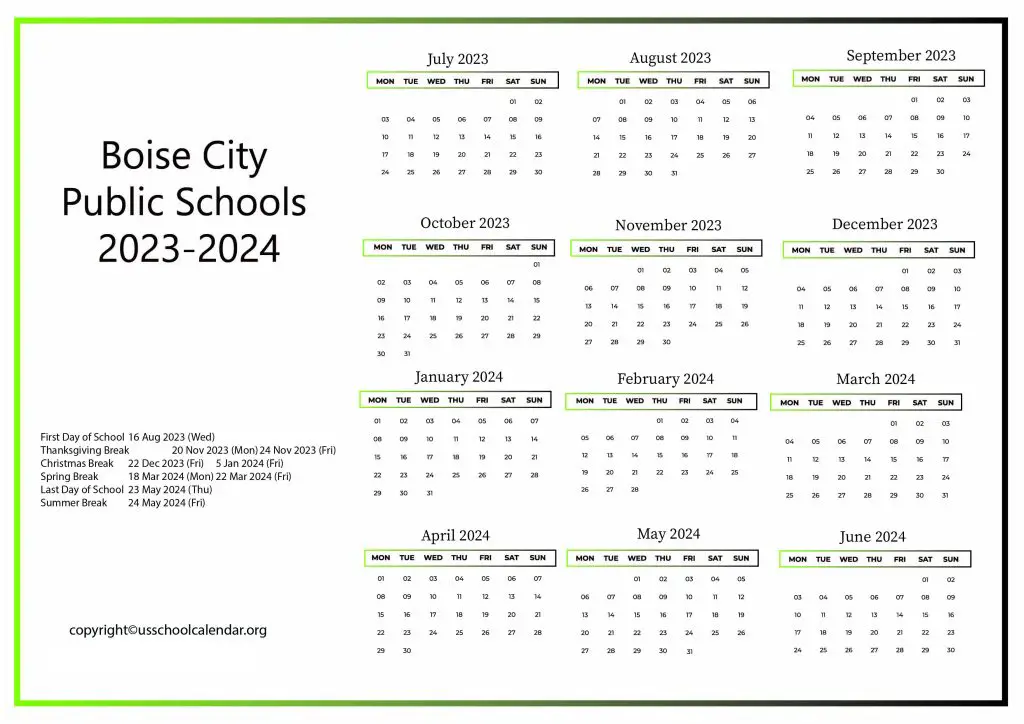 Boise City School District Calendar