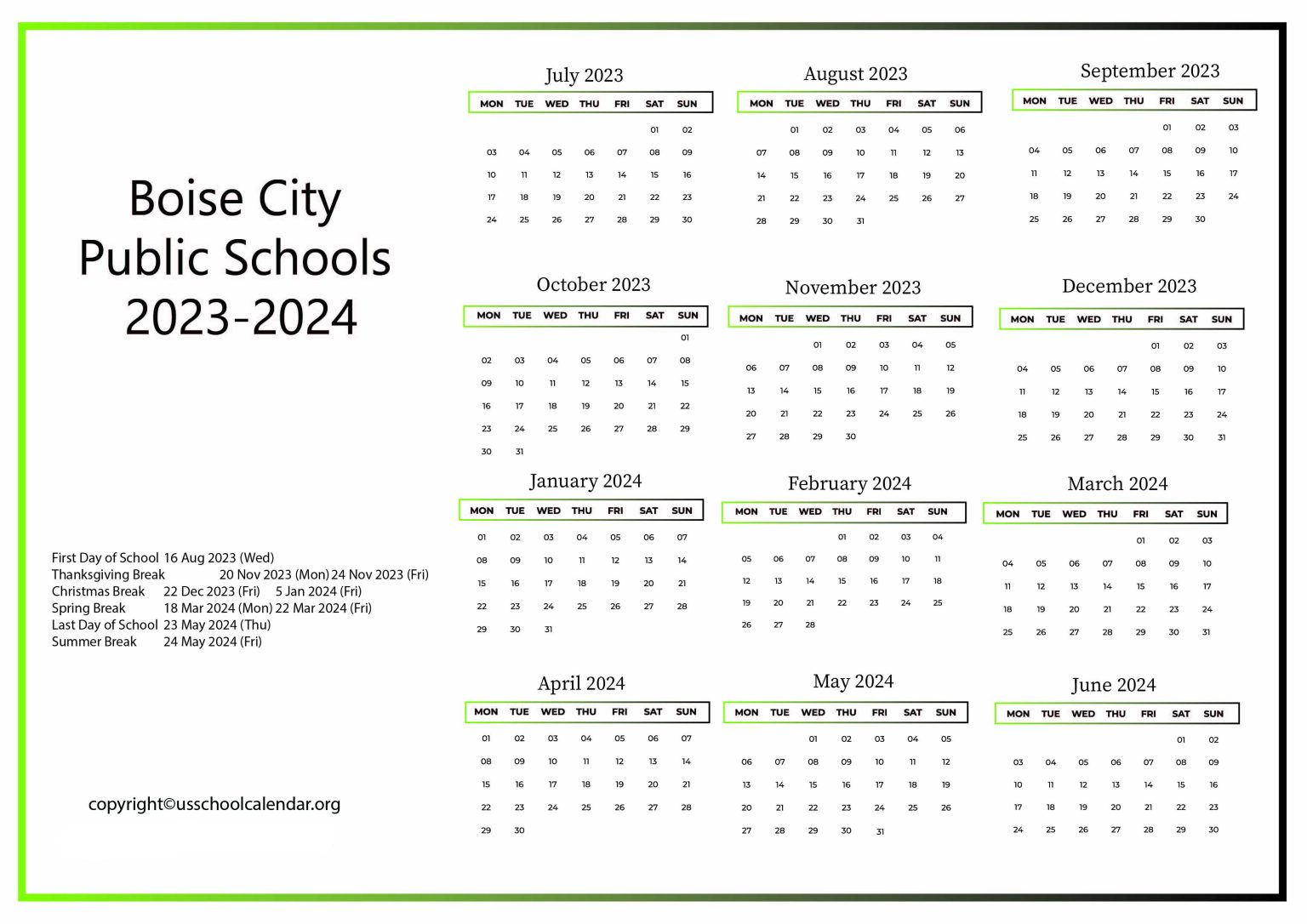 Boise City Public Schools Calendar with Holidays 2023 2024