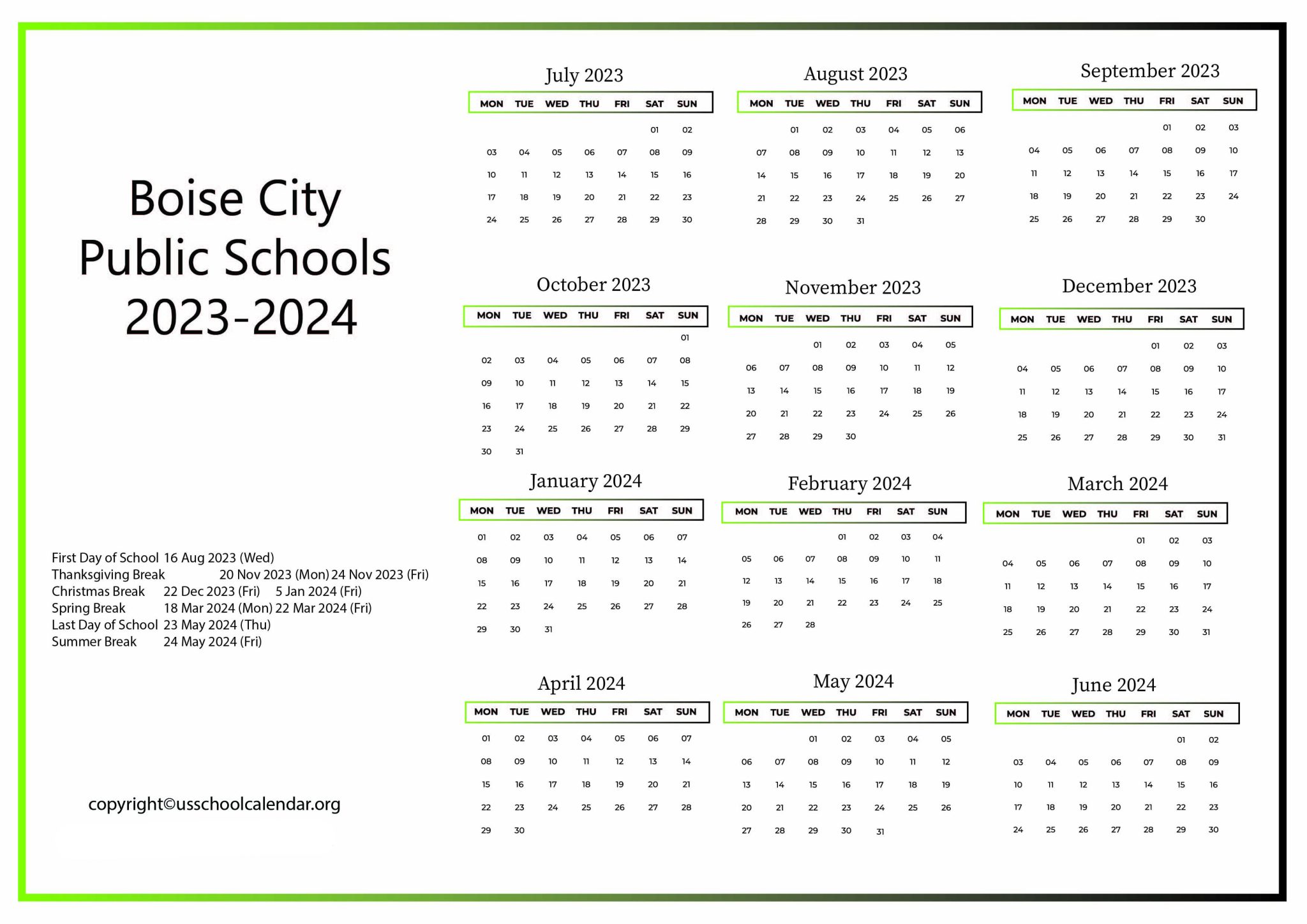 Boise City Public Schools Calendar with Holidays 20232024