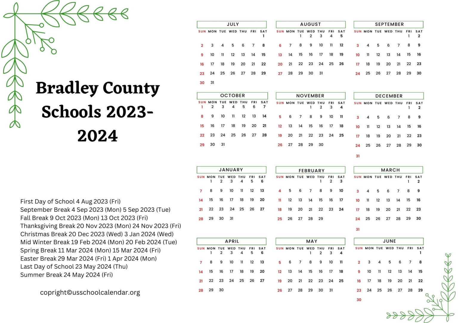 Bradley County Schools Calendar with Holidays 20232024