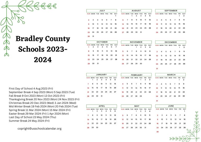 Bradley County Schools Calendar with Holidays 20232024