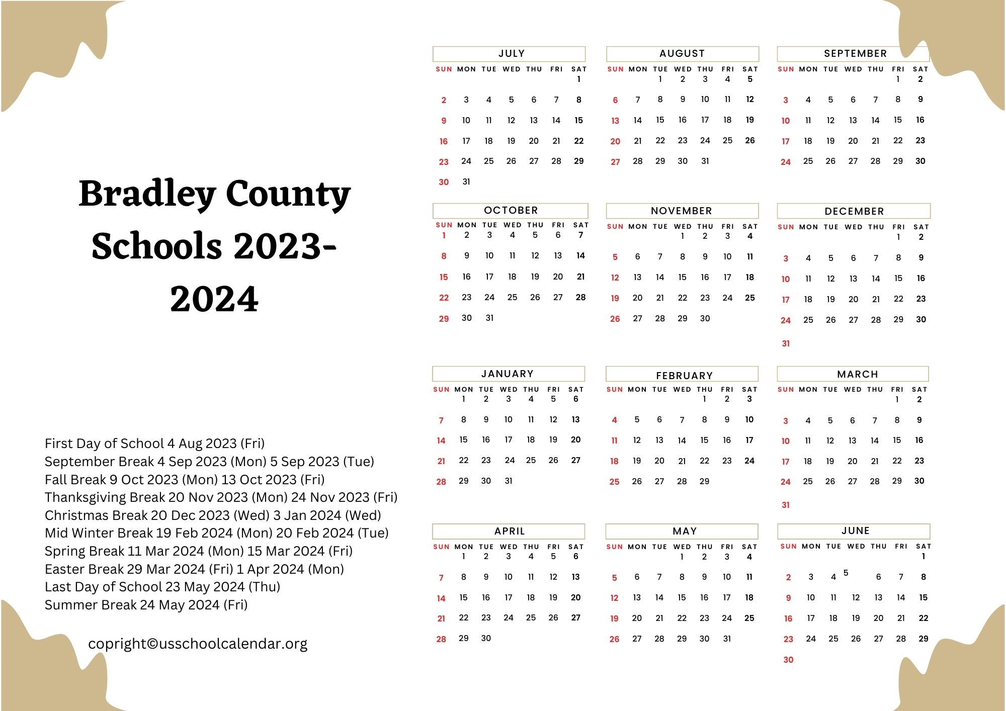 Bradley County Schools Calendar with Holidays 20232024