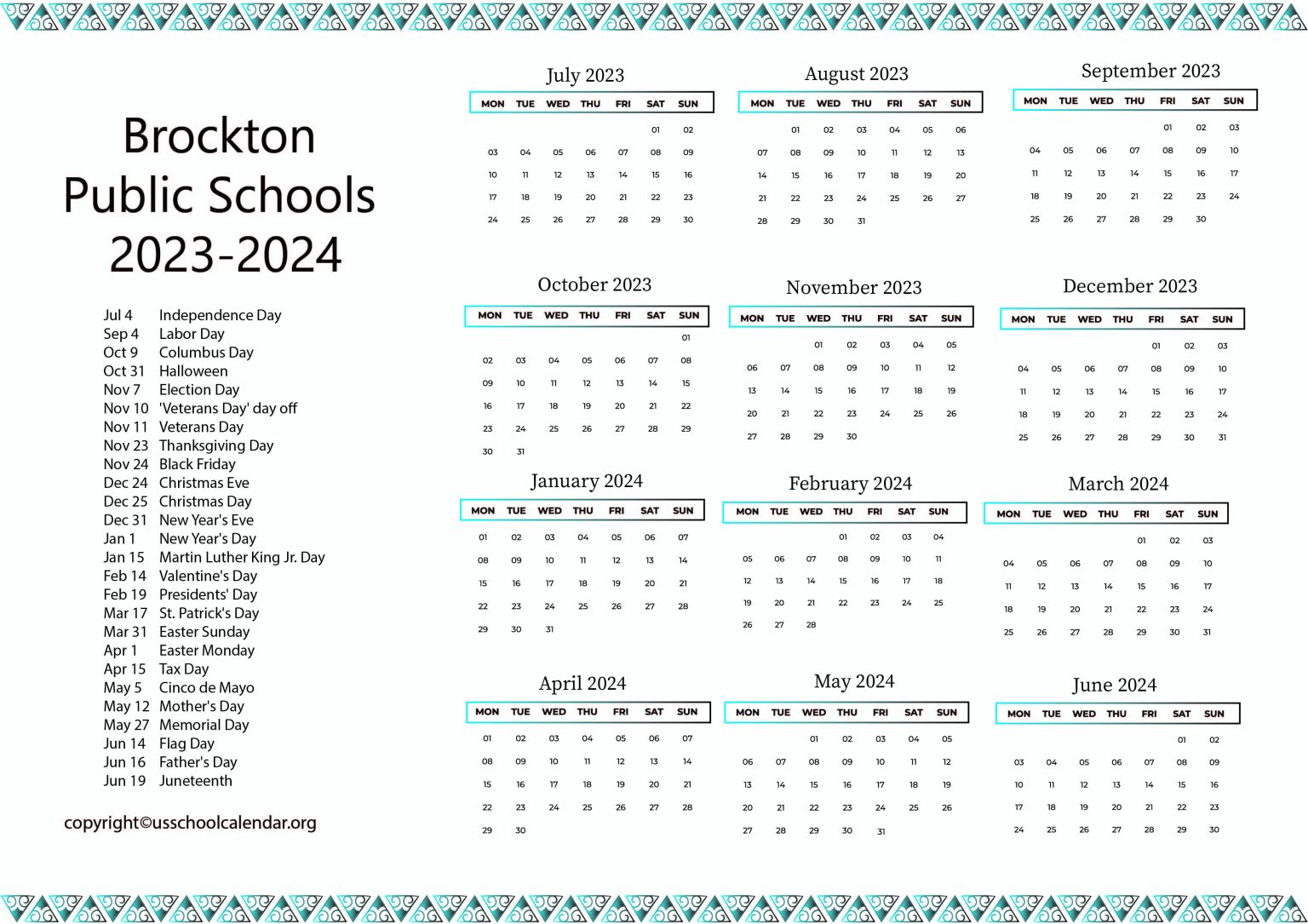 Brockton Public Schools Calendar with Holidays 20232024