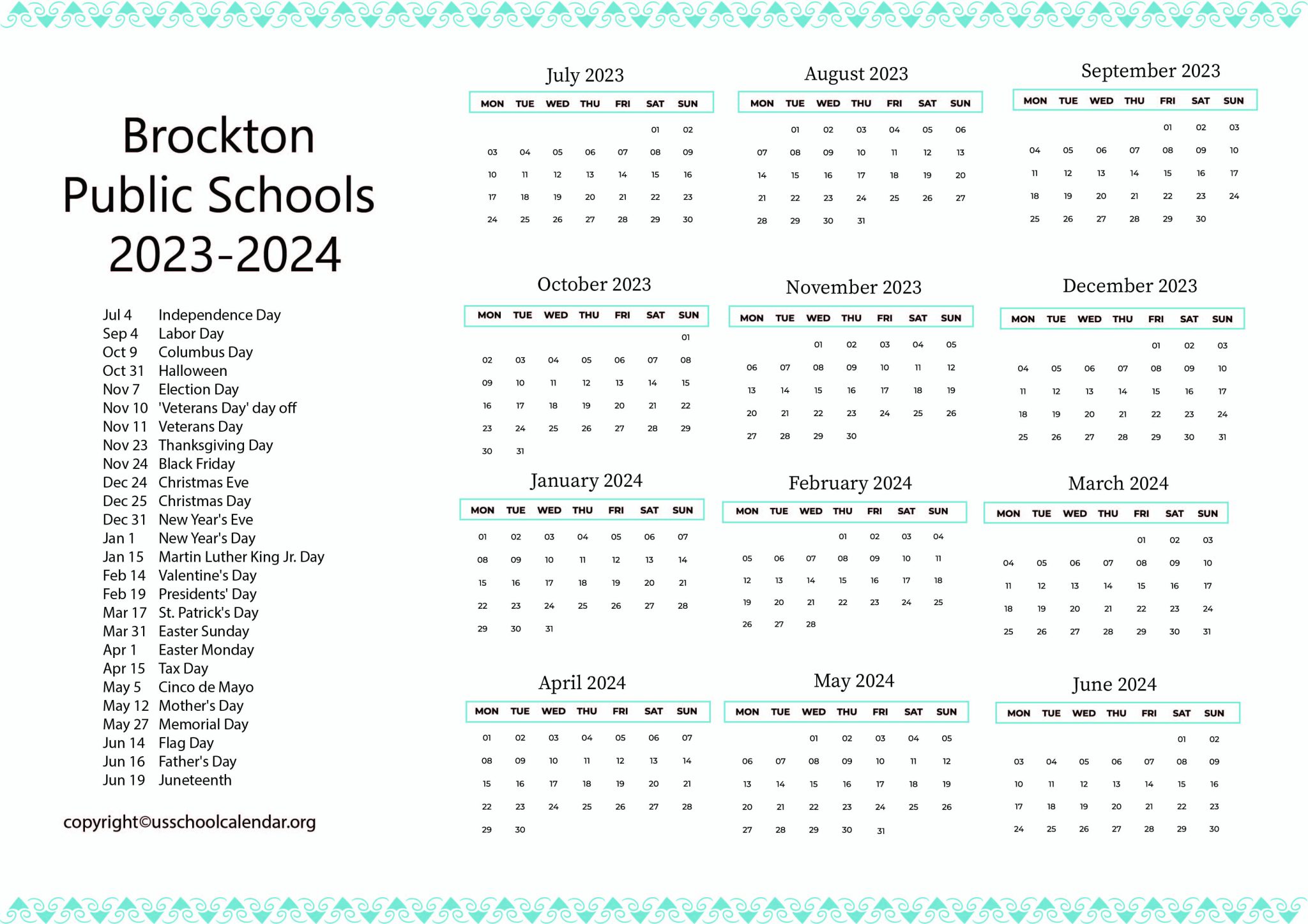 Brockton Public Schools Calendar with Holidays 20232024