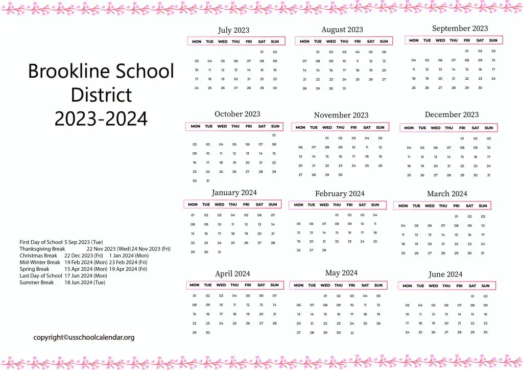 Brookline School District Calendar