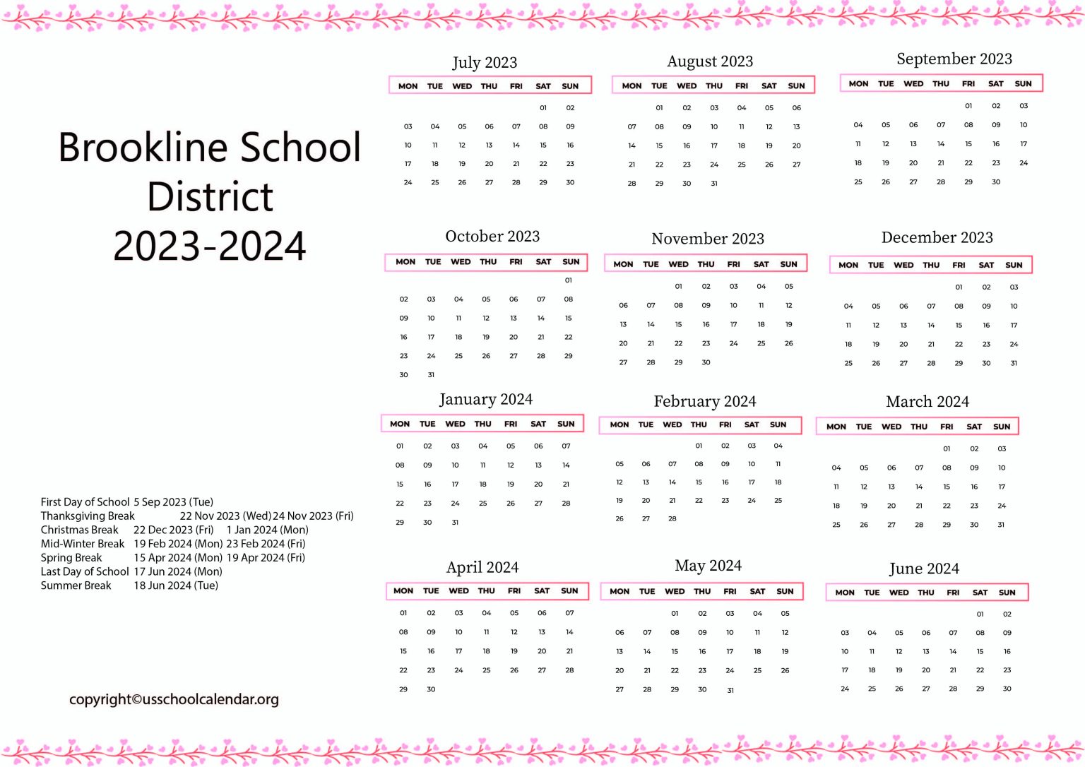 Brookline School District Calendar with Holidays 20232024