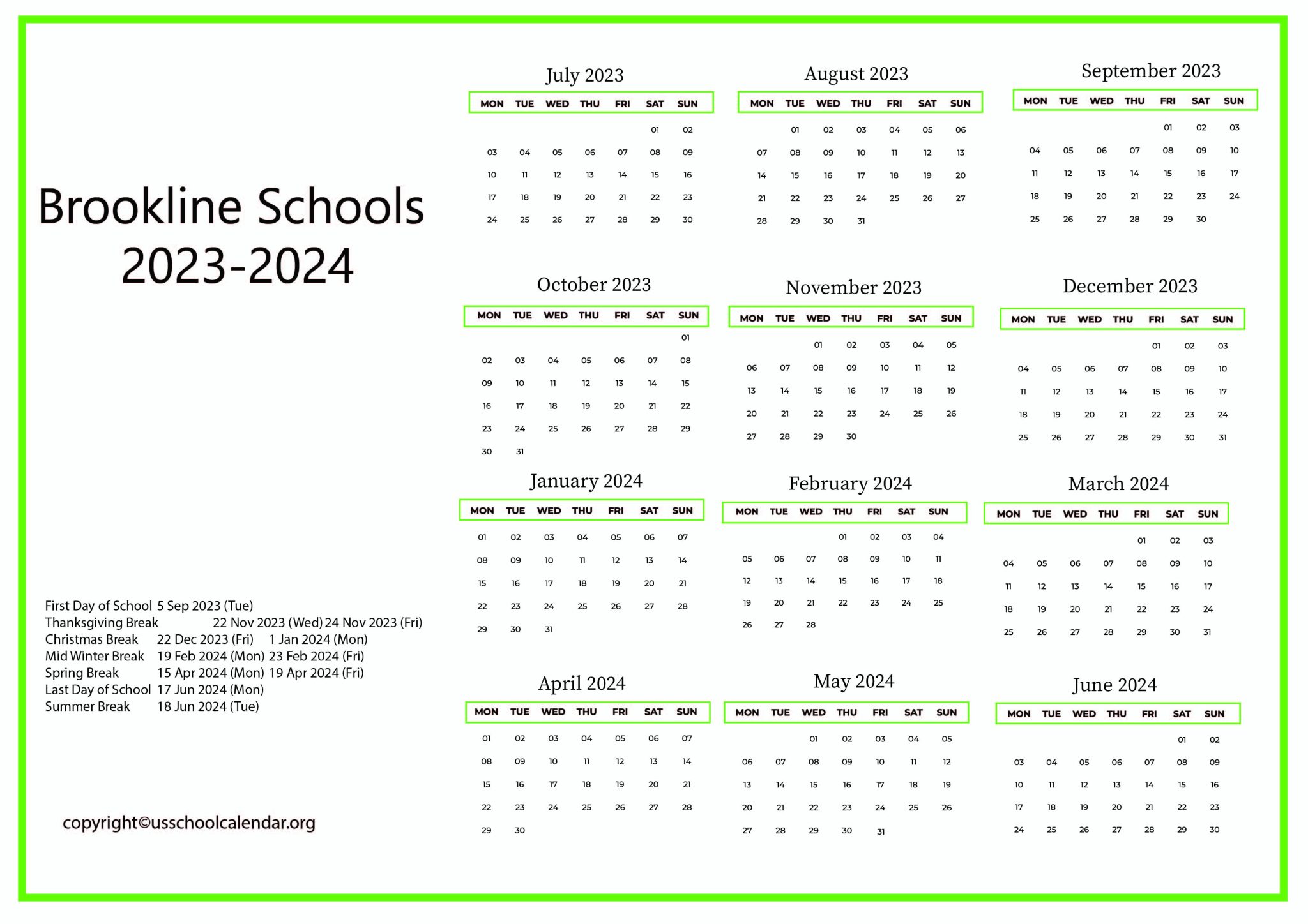 Brookline Schools Calendar with Holidays 20232024