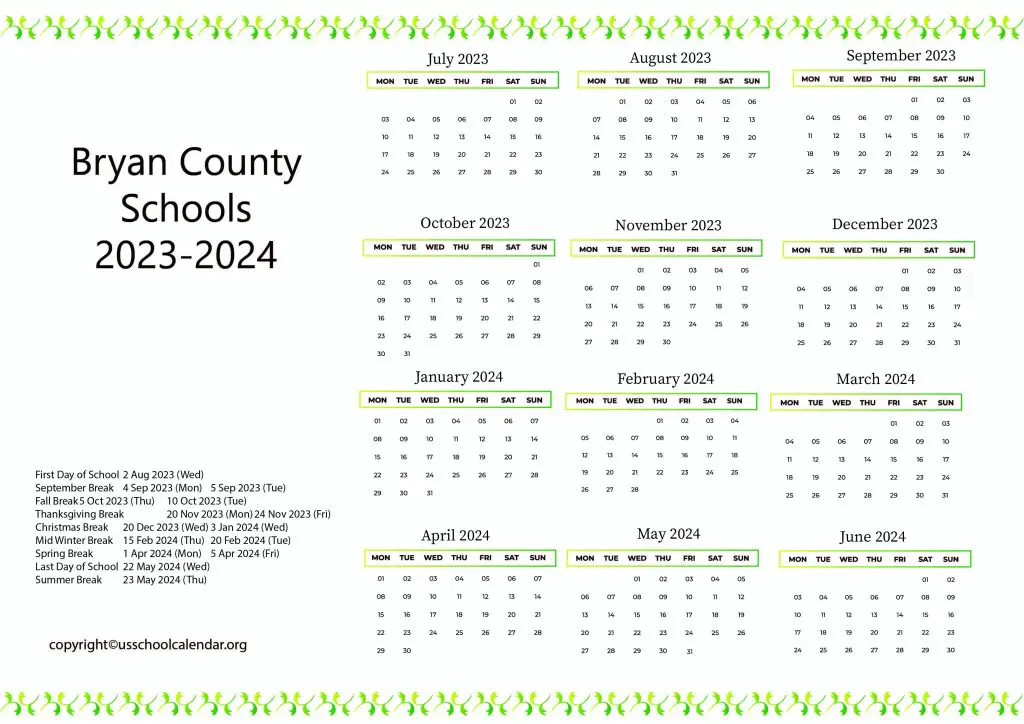 Bryan County School District Calendar