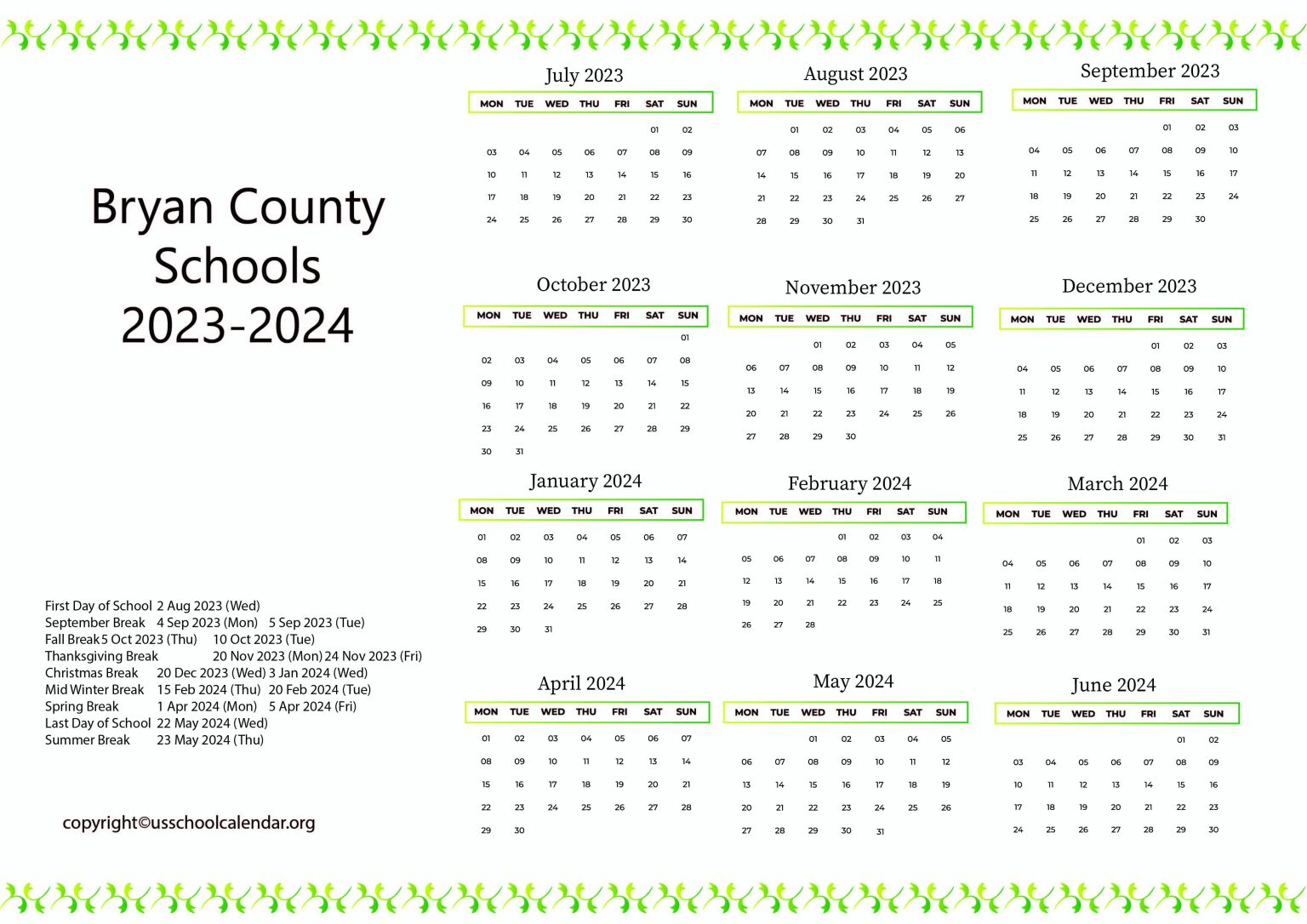 Bryan County Schools Calendar with Holidays 20232024