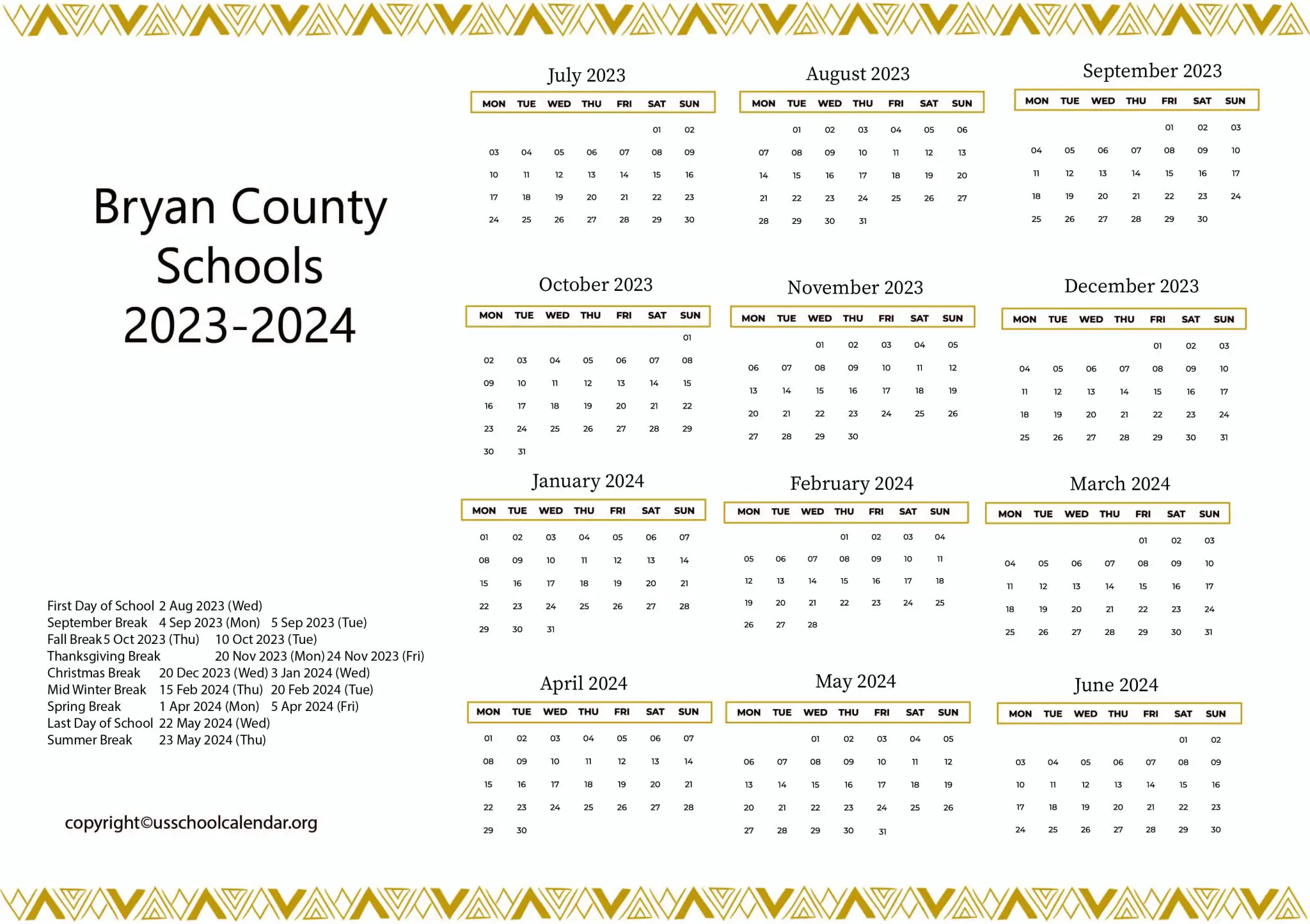 Bryan County Schools Calendar with Holidays 20232024