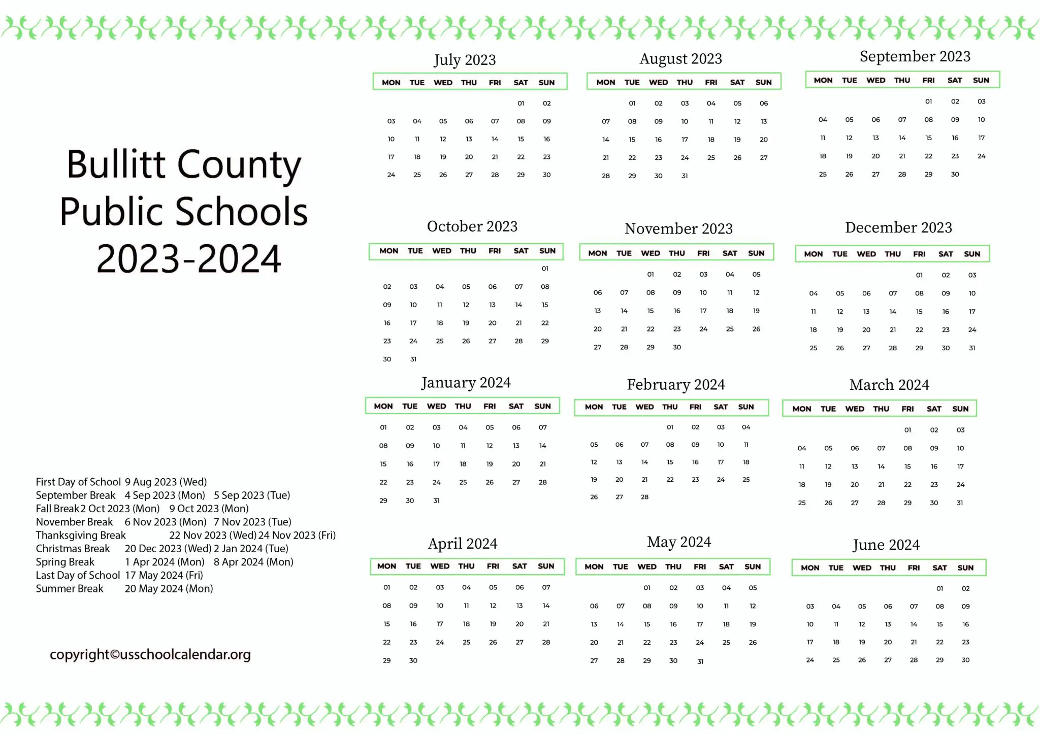 Bullitt County Public Schools Calendar with Holidays 20232024