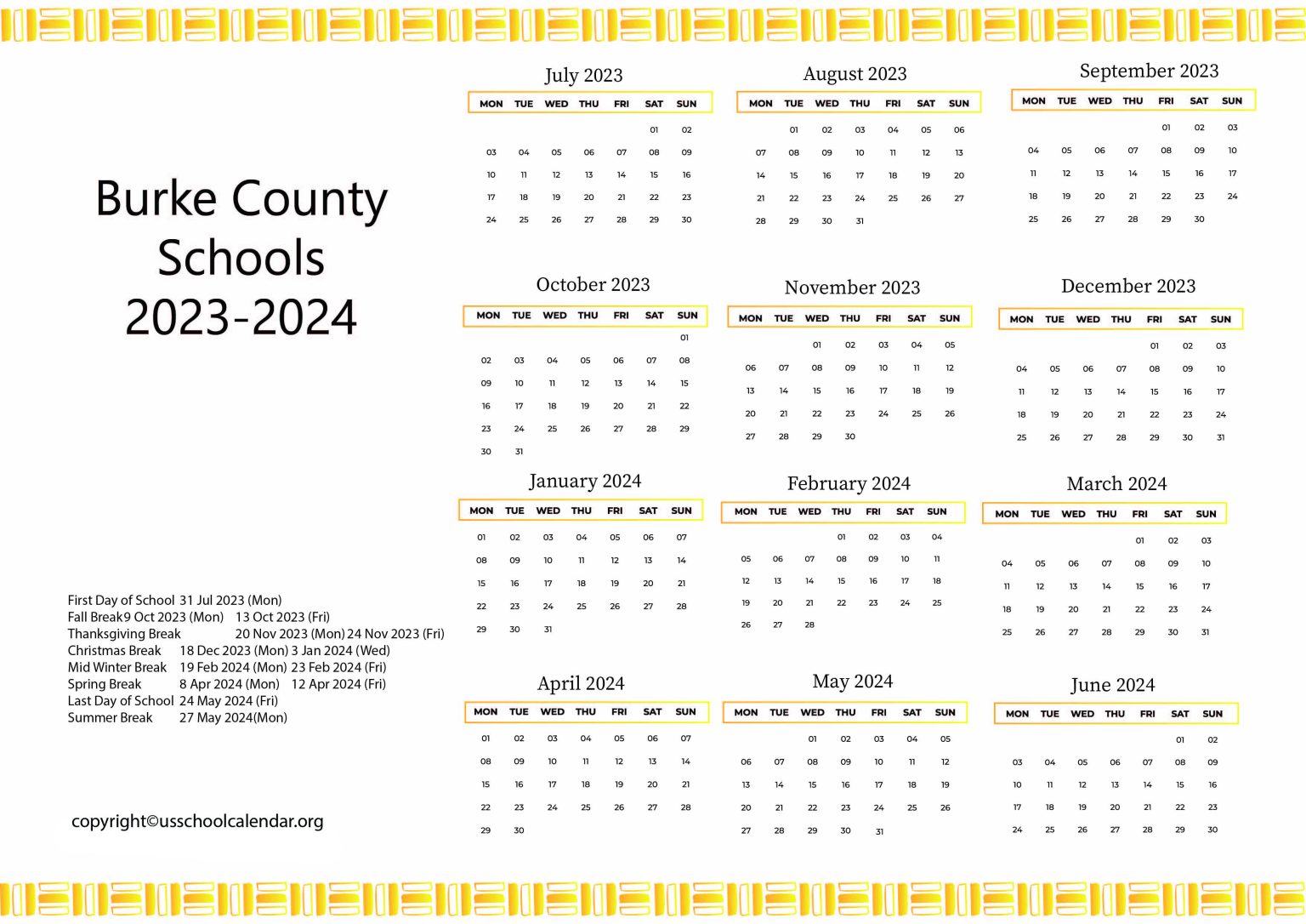Burke County Schools Calendar with Holidays 20232024