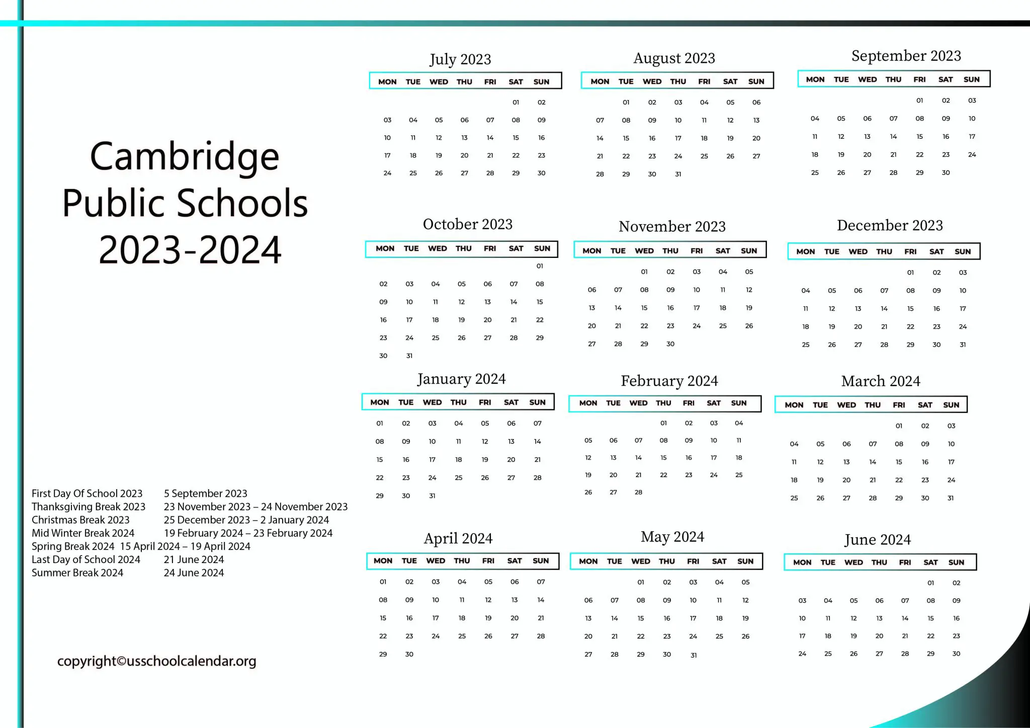 Cambridge Public Schools Calendar with Holidays 20232024