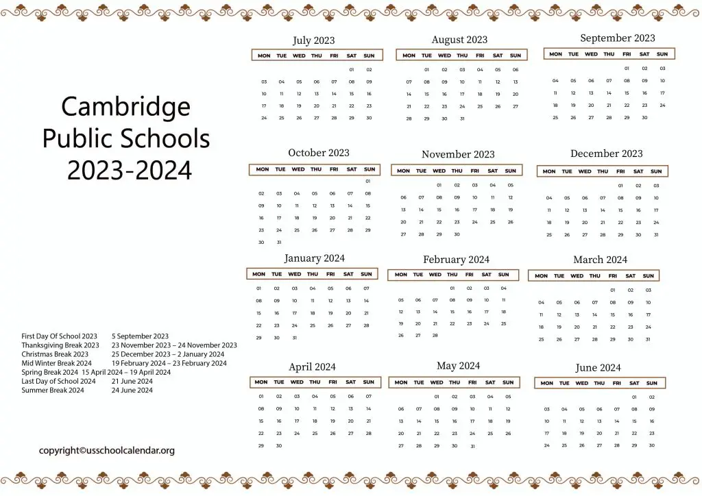 Cambridge Schools Calendar