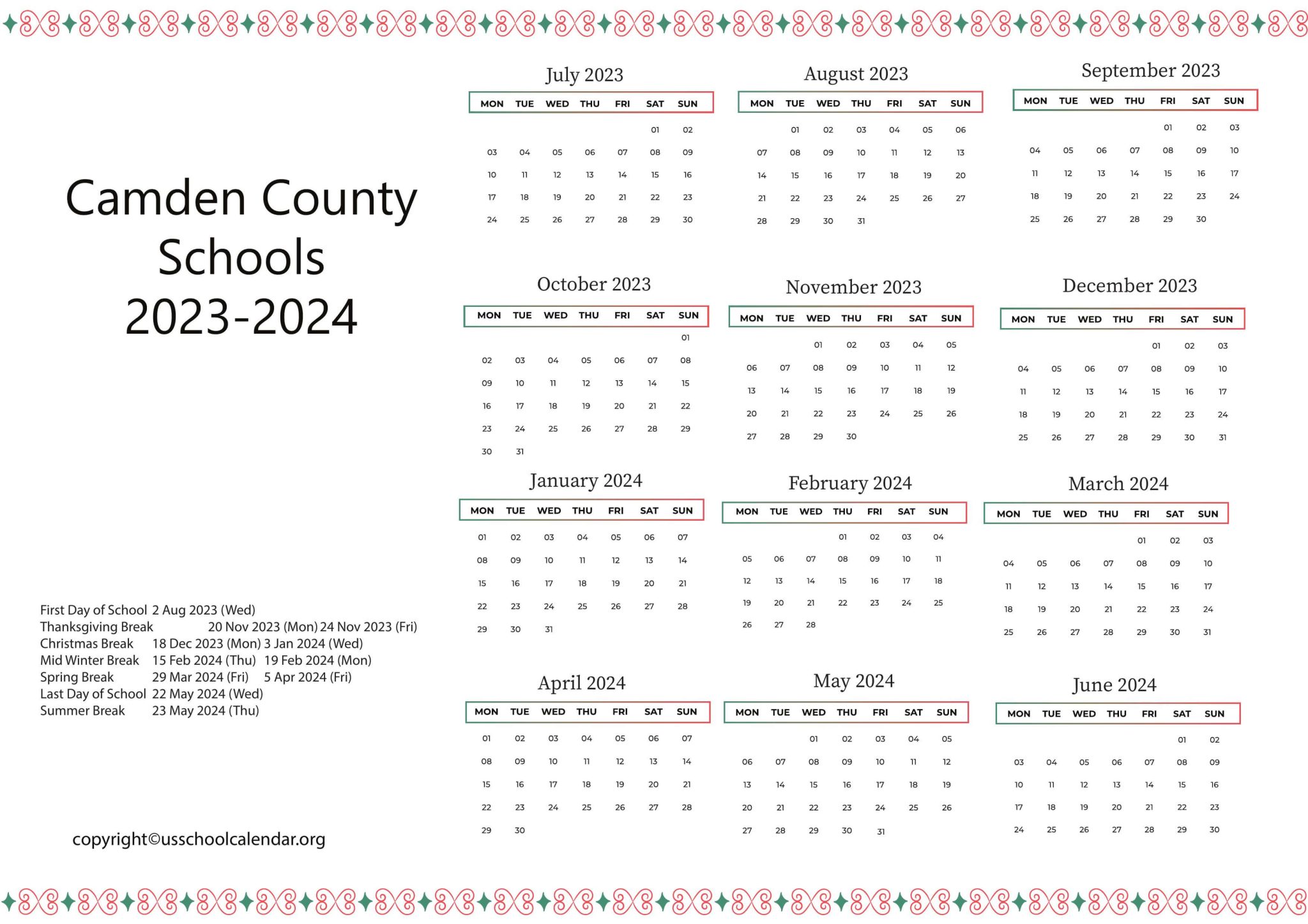 Camden County Schools Calendar With Holidays 2023 2024