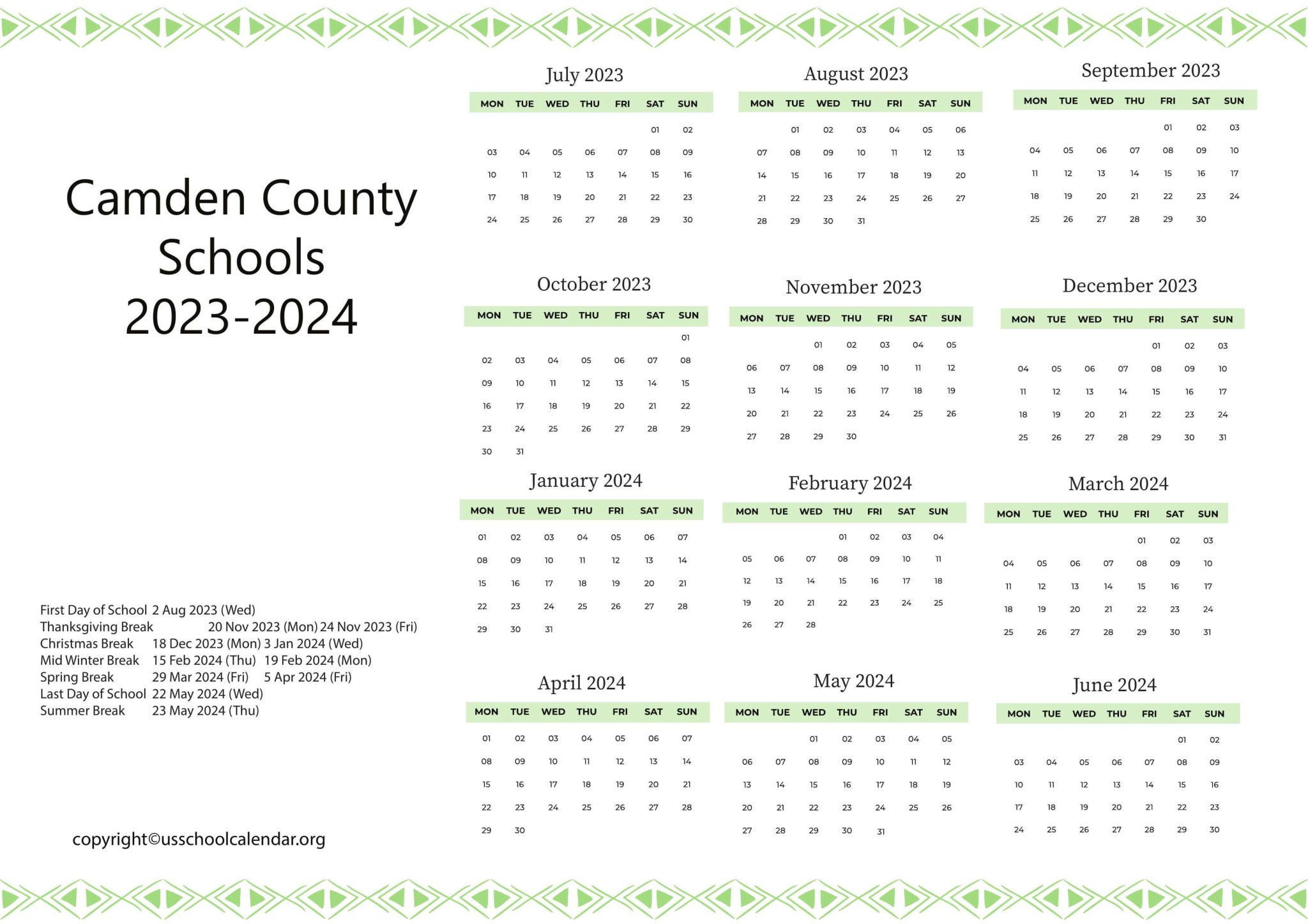 Camden County Schools Calendar with Holidays 20232024