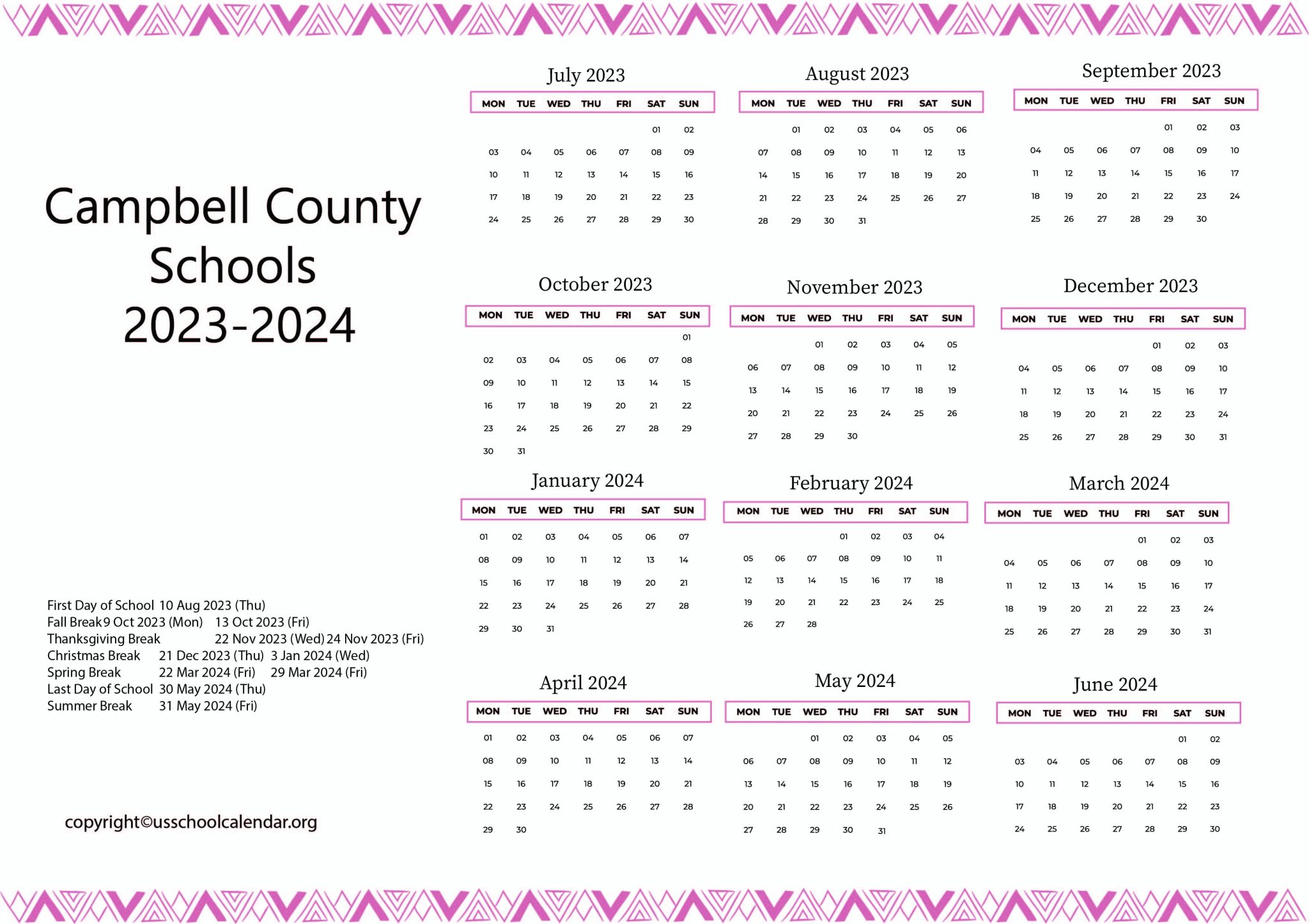 Campbell County Schools Calendar with Holidays 20232024
