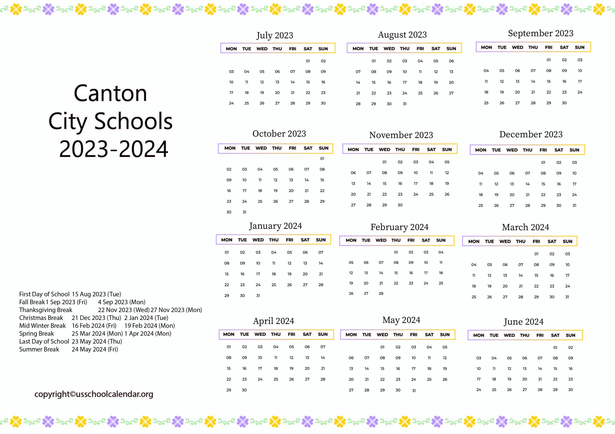 Canton City Schools Calendar with Holidays 20232024