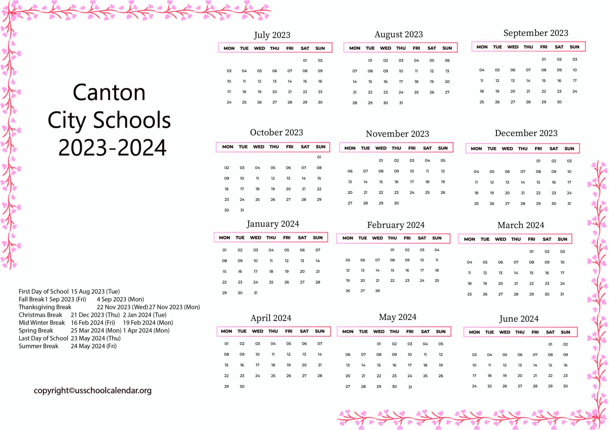 Canton City Schools Calendar with Holidays 20232024